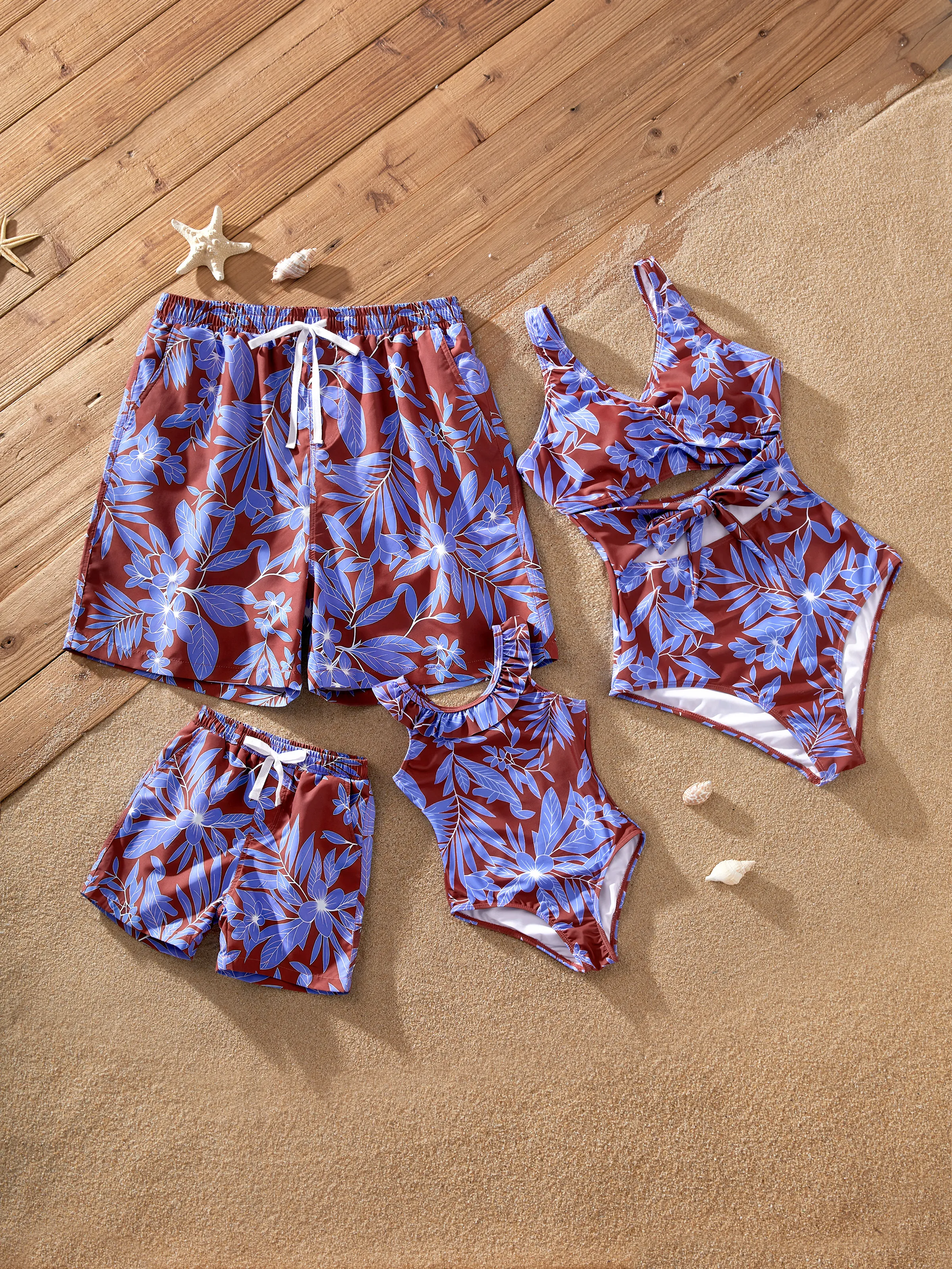 Family Matching Tropical Leaf Print Swimsuits Cutout One-Piece & Swim Trunks Set Blue - Image 3
