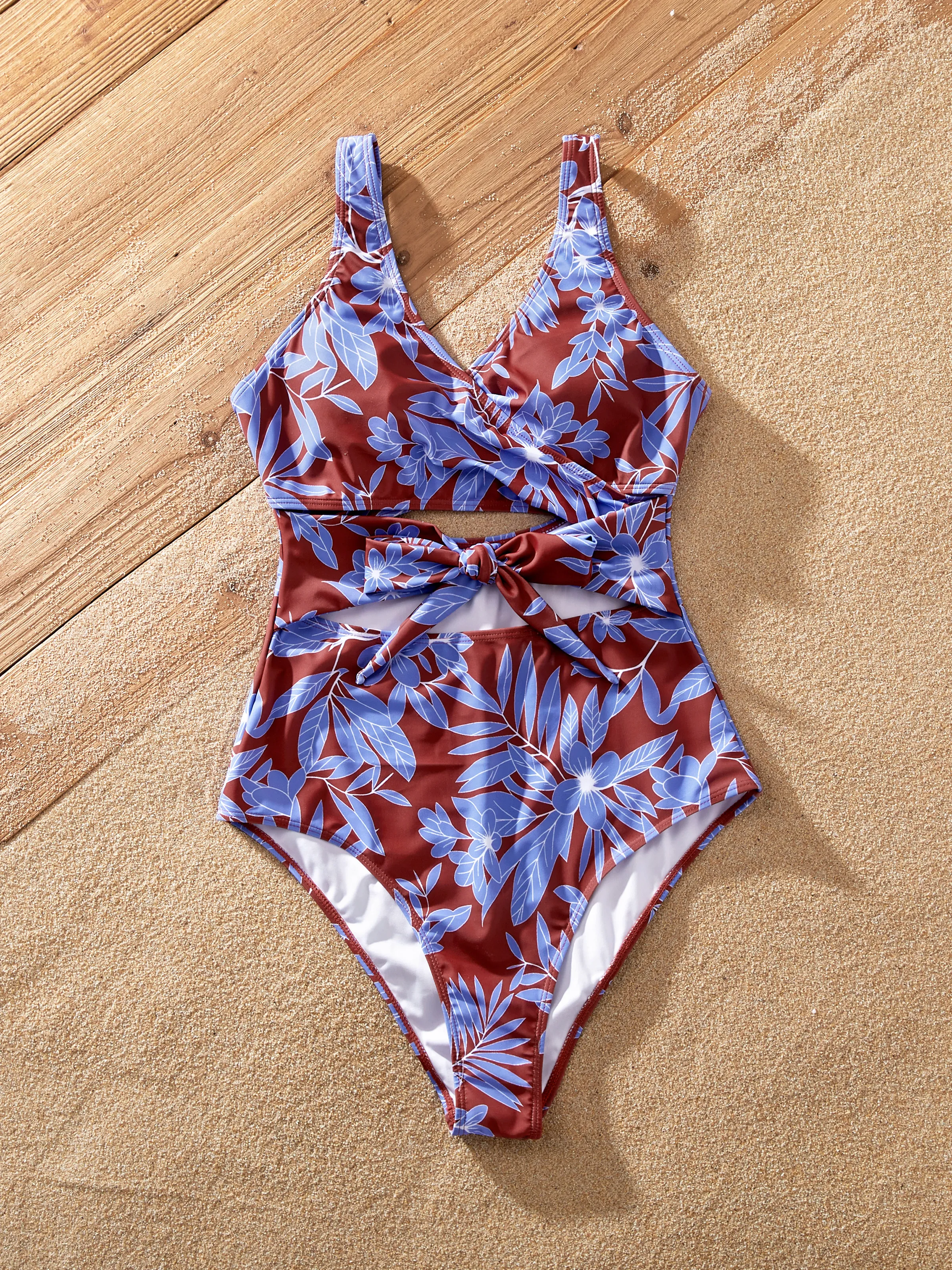 Family Matching Tropical Leaf Print Swimsuits Cutout One-Piece & Swim Trunks Set Blue - Image 4