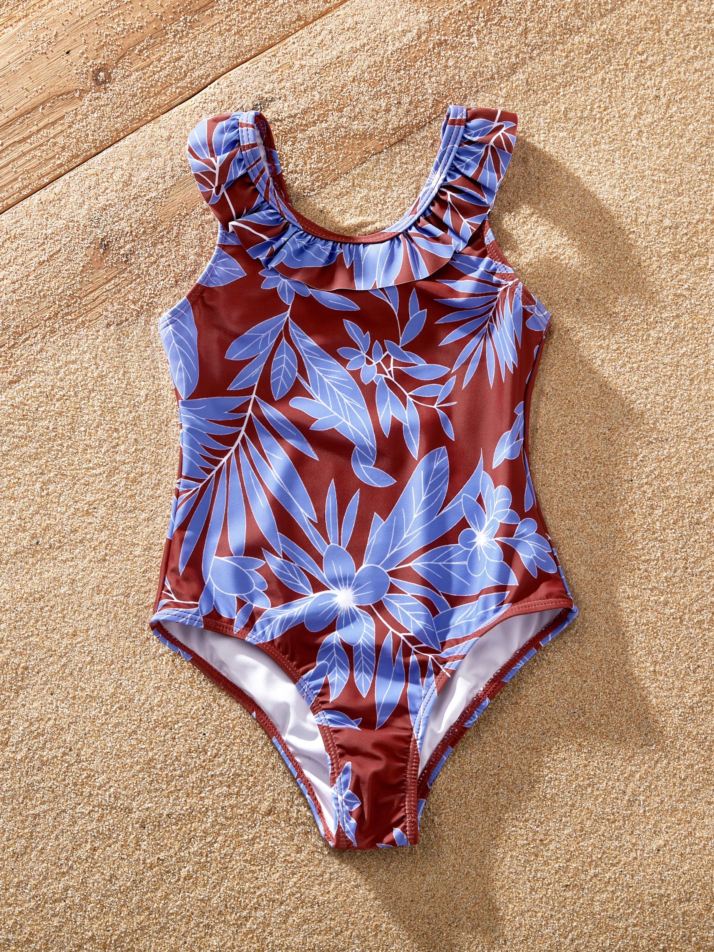 Family Matching Tropical Leaf Print Swimsuits Cutout One-Piece & Swim Trunks Set Blue - Image 9