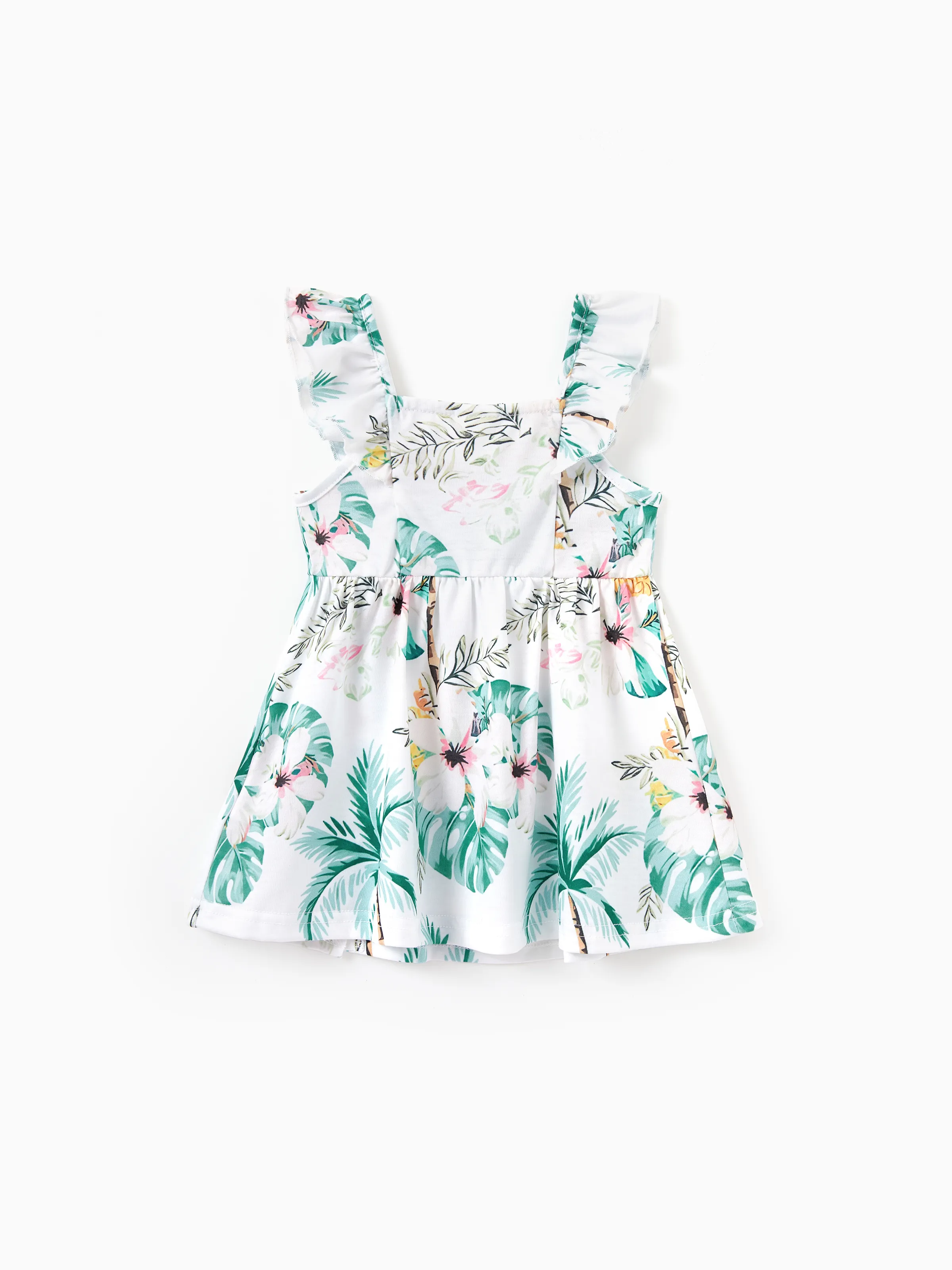 Family Matching Tropical Print Outfits Mommy & Me Tank Dress & Dad/Kids Cotton T-Shirt Set
 Green - Image 18