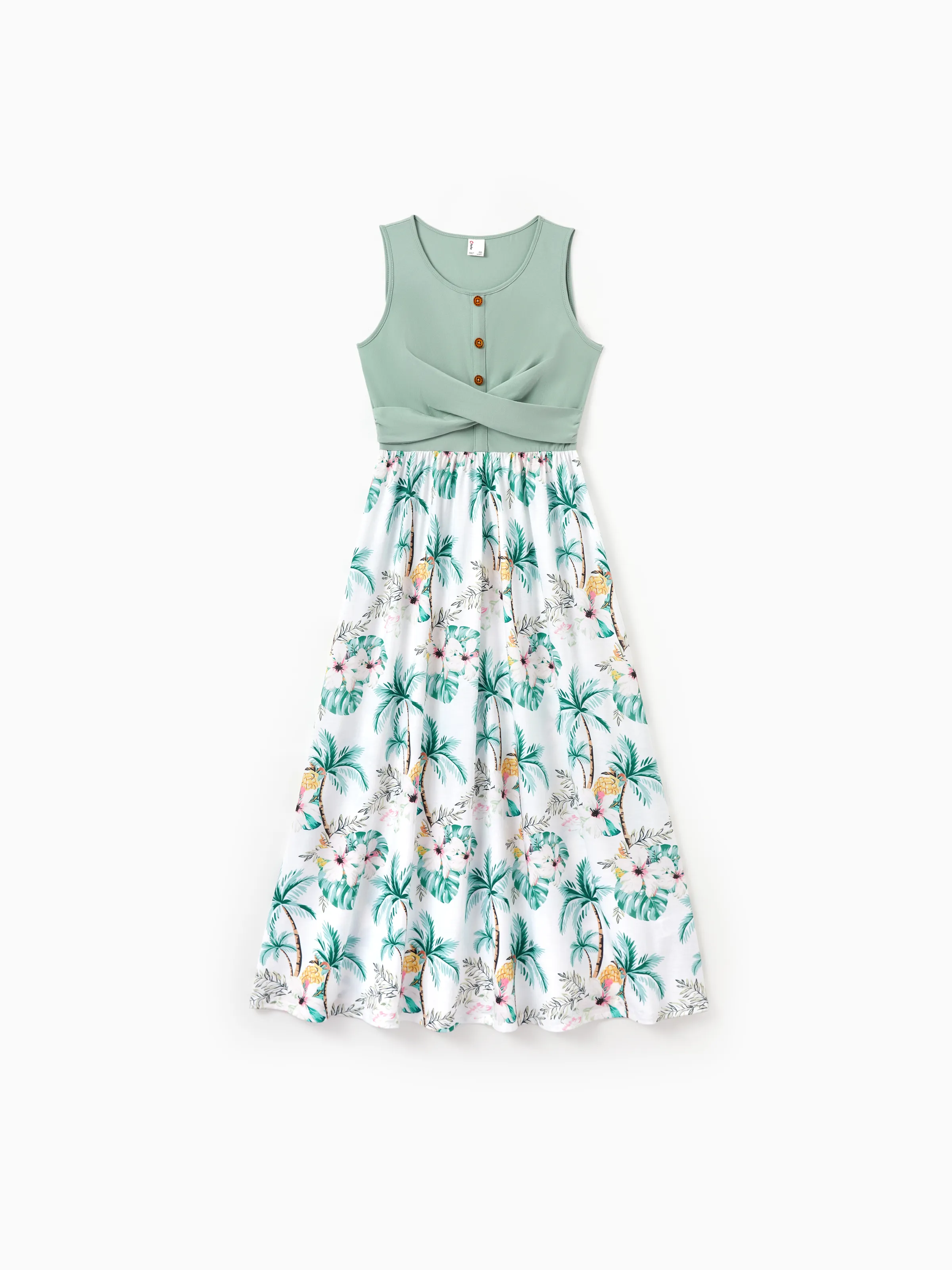 Family Matching Tropical Print Outfits Mommy & Me Tank Dress & Dad/Kids Cotton T-Shirt Set
 Green - Image 5