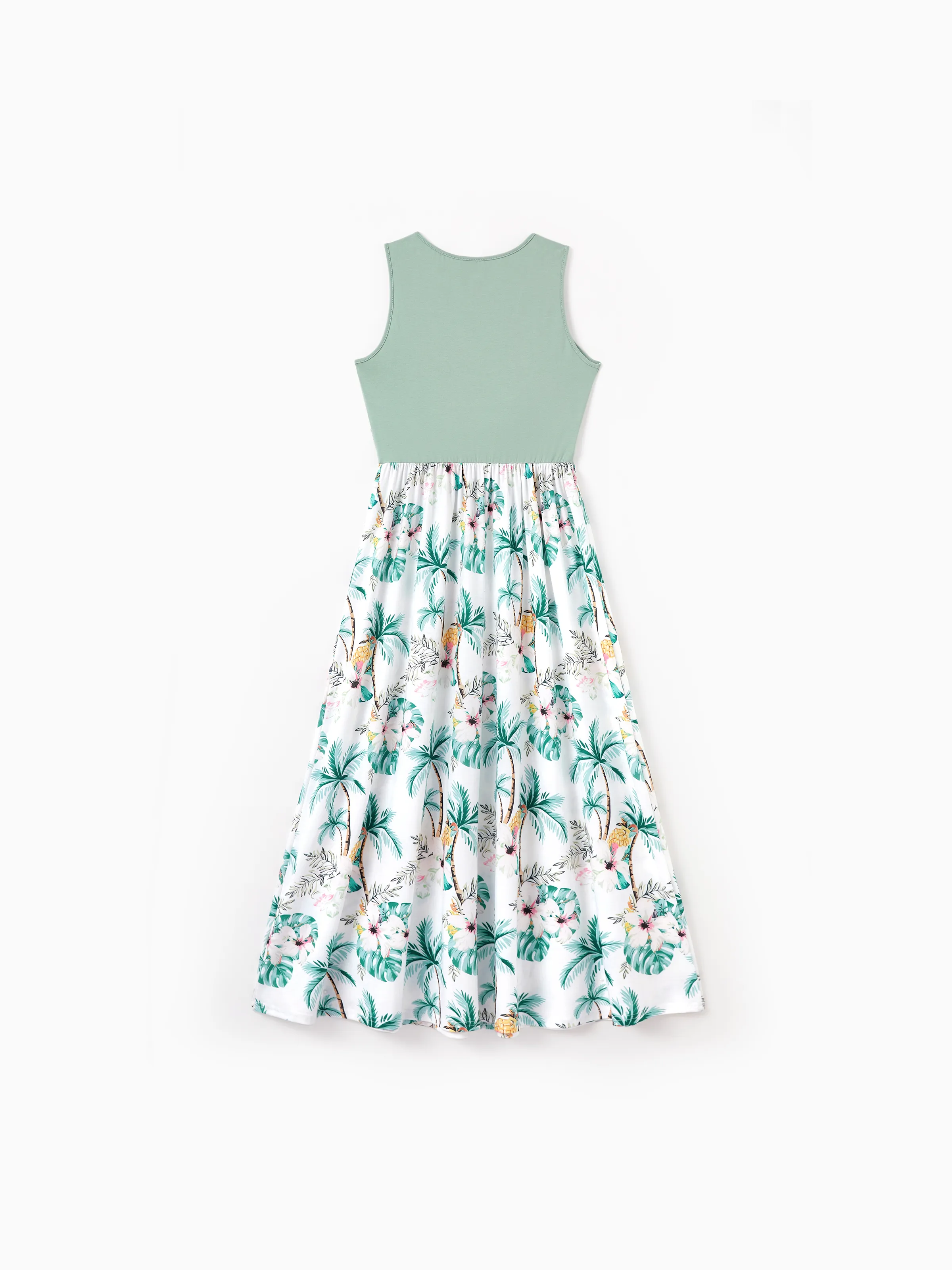 Family Matching Tropical Print Outfits Mommy & Me Tank Dress & Dad/Kids Cotton T-Shirt Set
 Green - Image 6