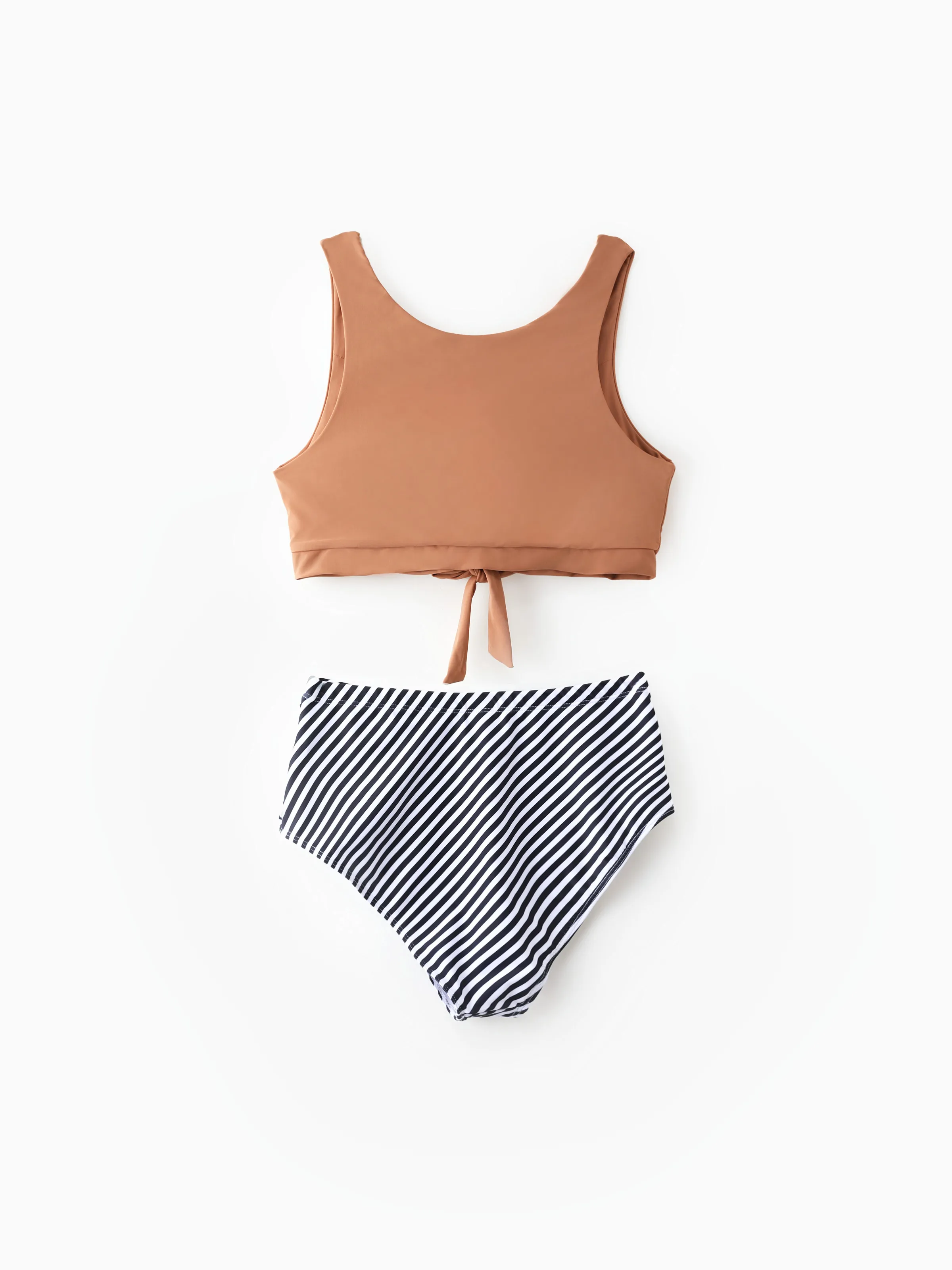 Family Matching Vertical Stripe Drawstring Swim Drunks or Besties Printed Crop Tank Bikini Khaki - Image 3