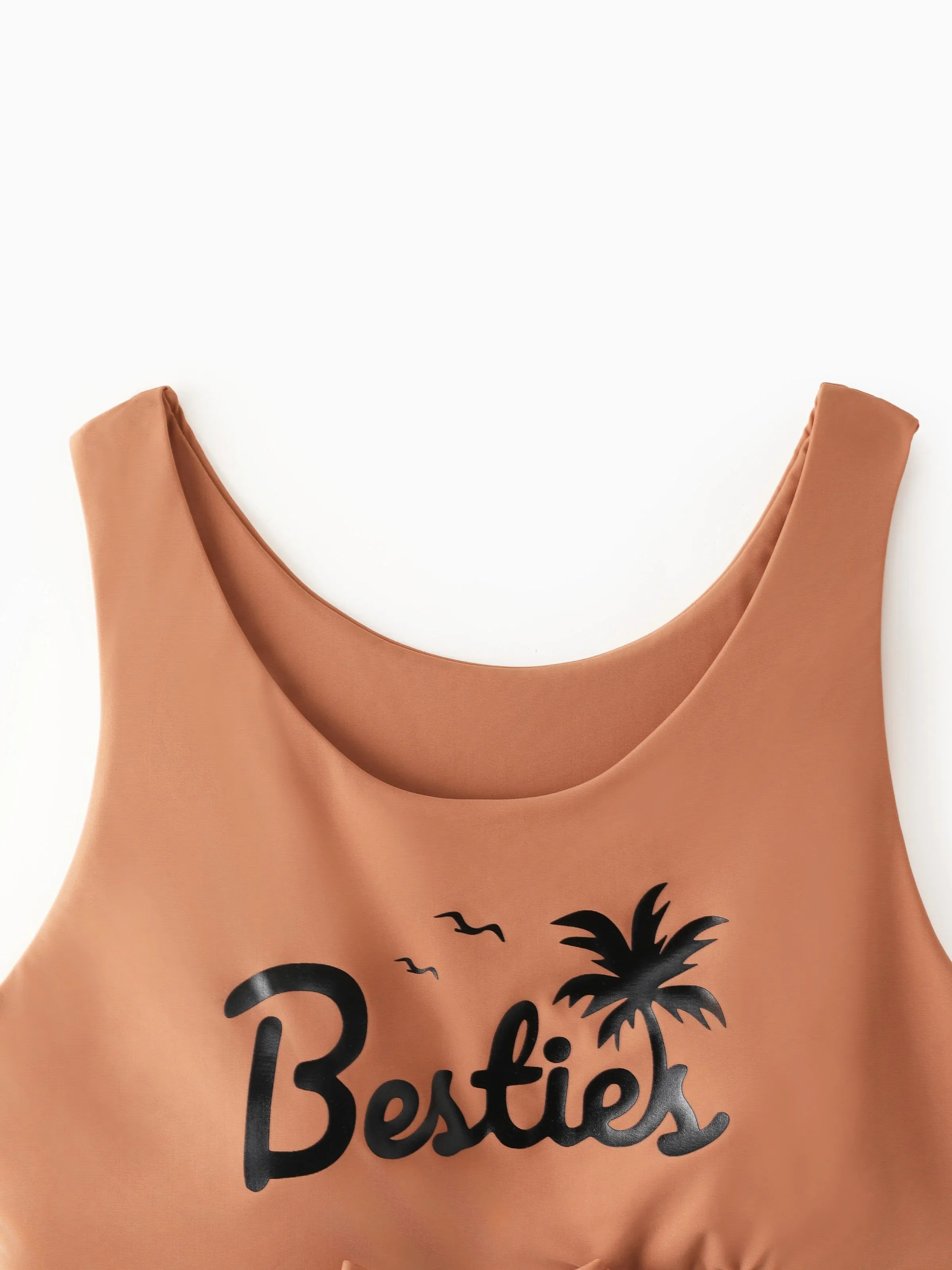 Family Matching Vertical Stripe Drawstring Swim Drunks or Besties Printed Crop Tank Bikini Khaki - Image 4