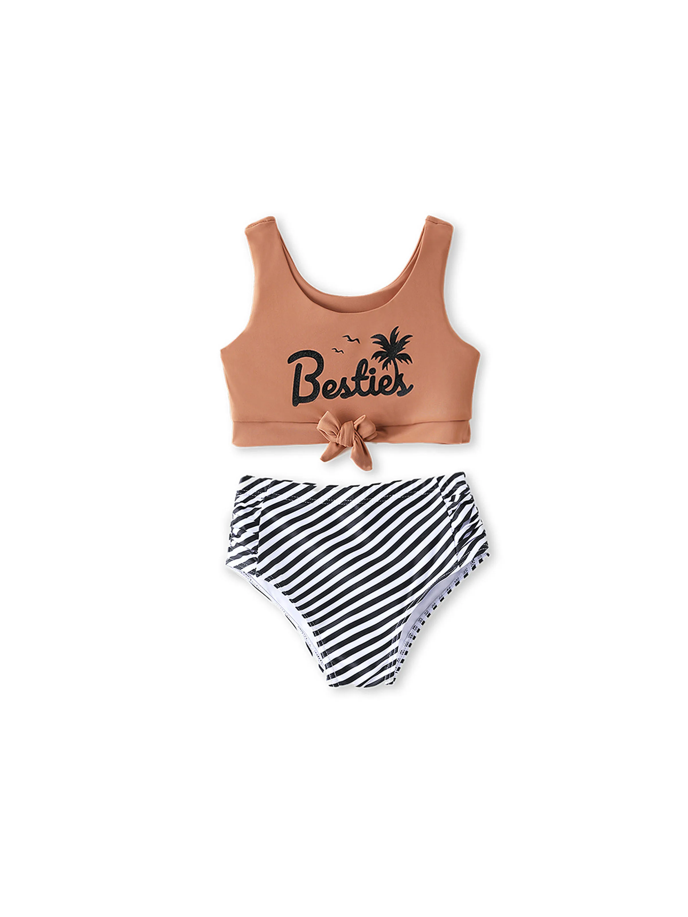 Family Matching Vertical Stripe Drawstring Swim Drunks or Besties Printed Crop Tank Bikini Khaki - Image 8