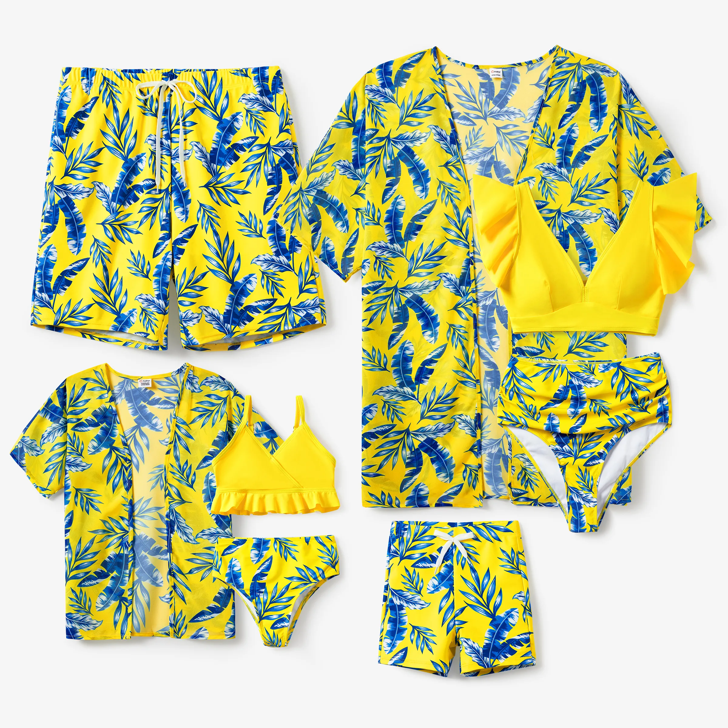 Family Matching Yellow Leaf Print Swim Trunks or Ruched Flutter Sleeve Bikini with Optional Swim Cover Up Yellow - Image 12