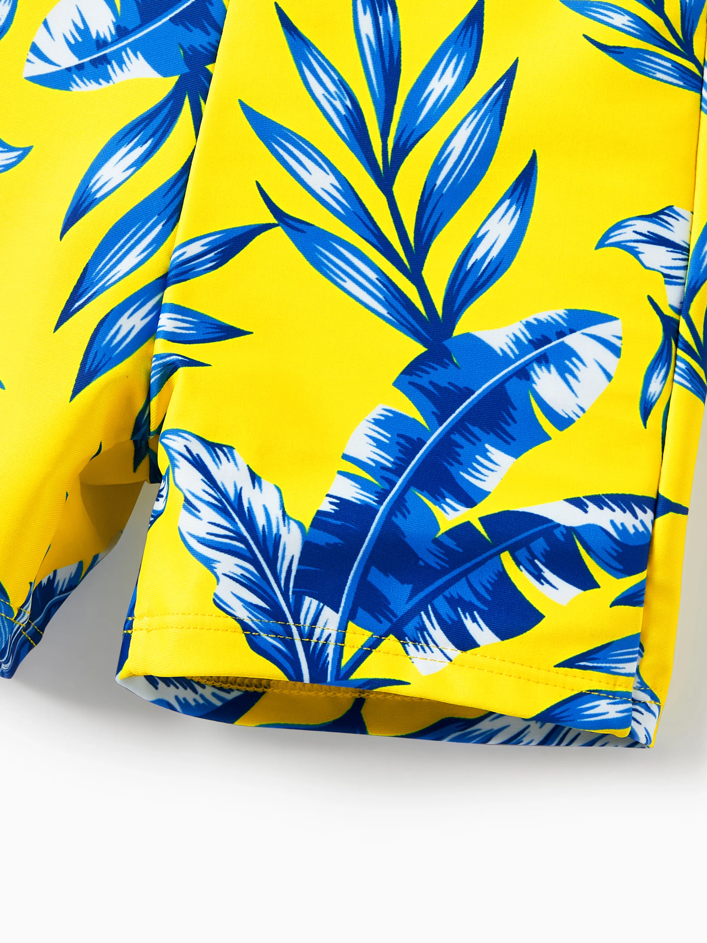 Family Matching Yellow Leaf Print Swim Trunks or Ruched Flutter Sleeve Bikini with Optional Swim Cover Up Yellow - Image 19