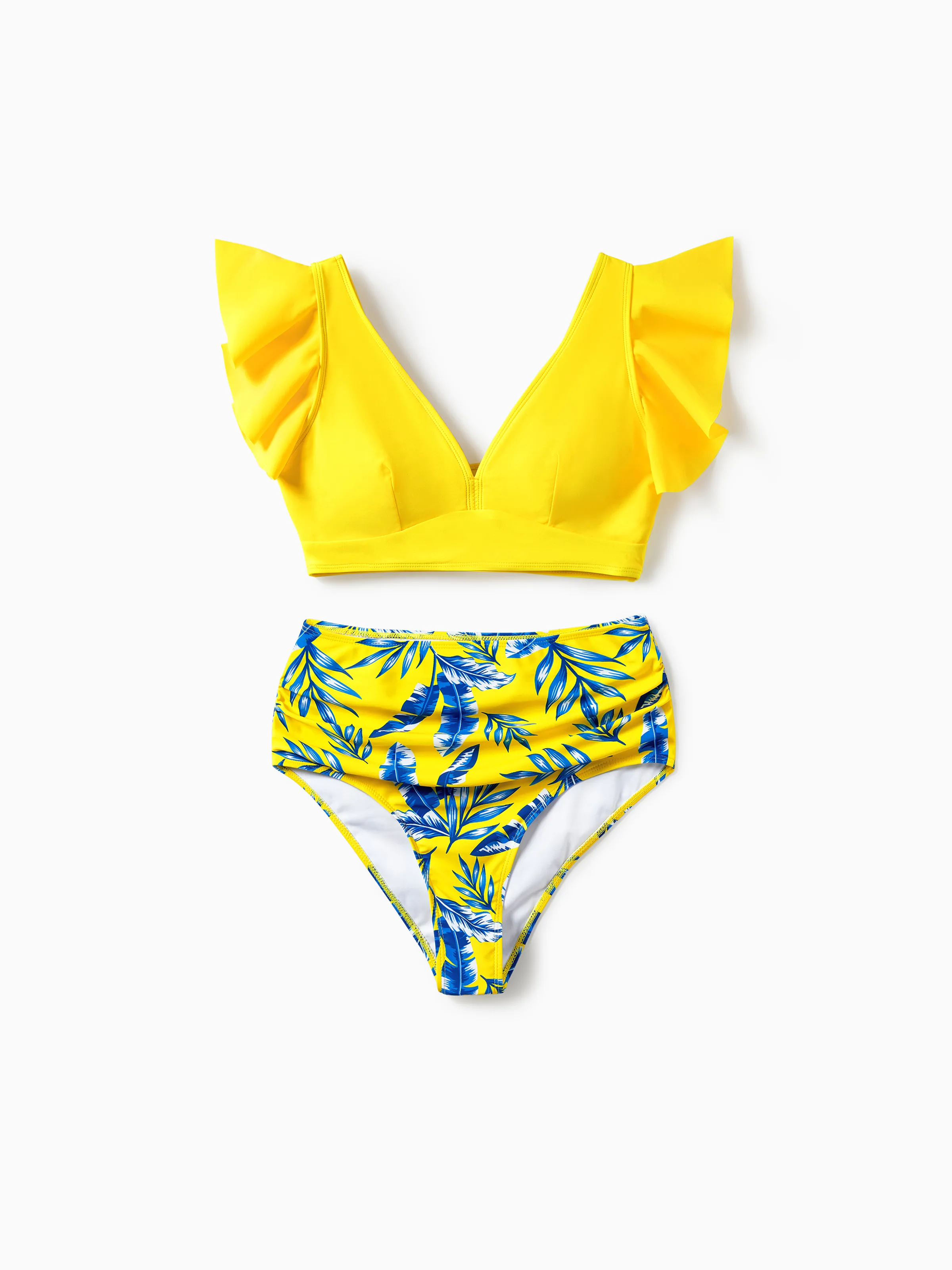 Family Matching Yellow Leaf Print Swim Trunks or Ruched Flutter Sleeve Bikini with Optional Swim Cover Up Yellow - Image 2