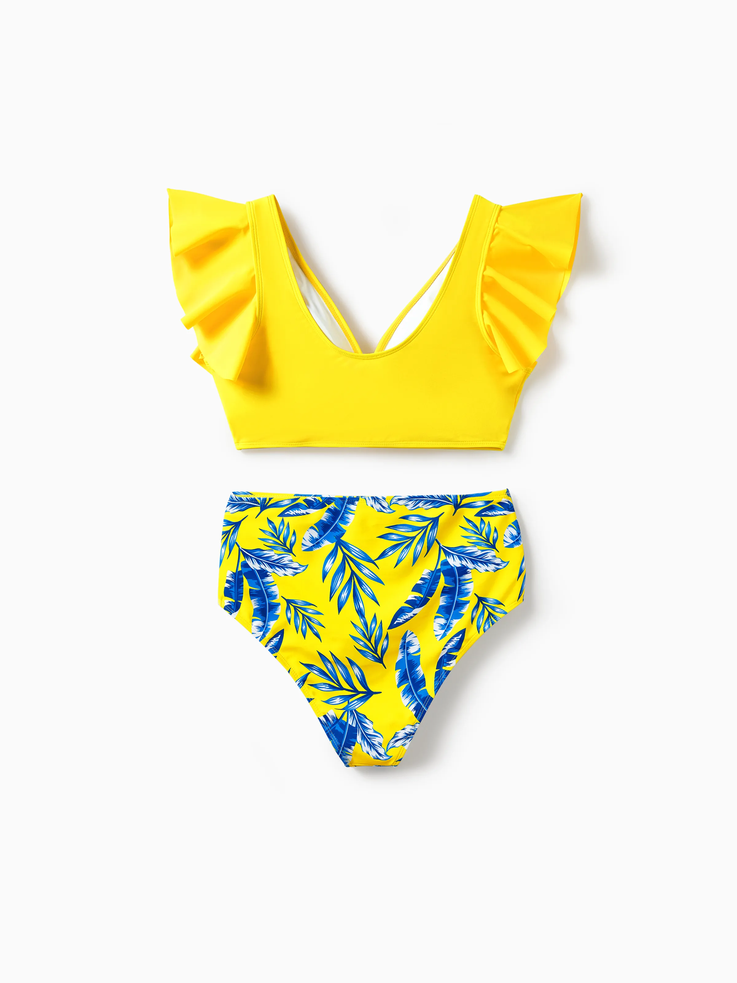 Family Matching Yellow Leaf Print Swim Trunks or Ruched Flutter Sleeve Bikini with Optional Swim Cover Up Yellow - Image 3