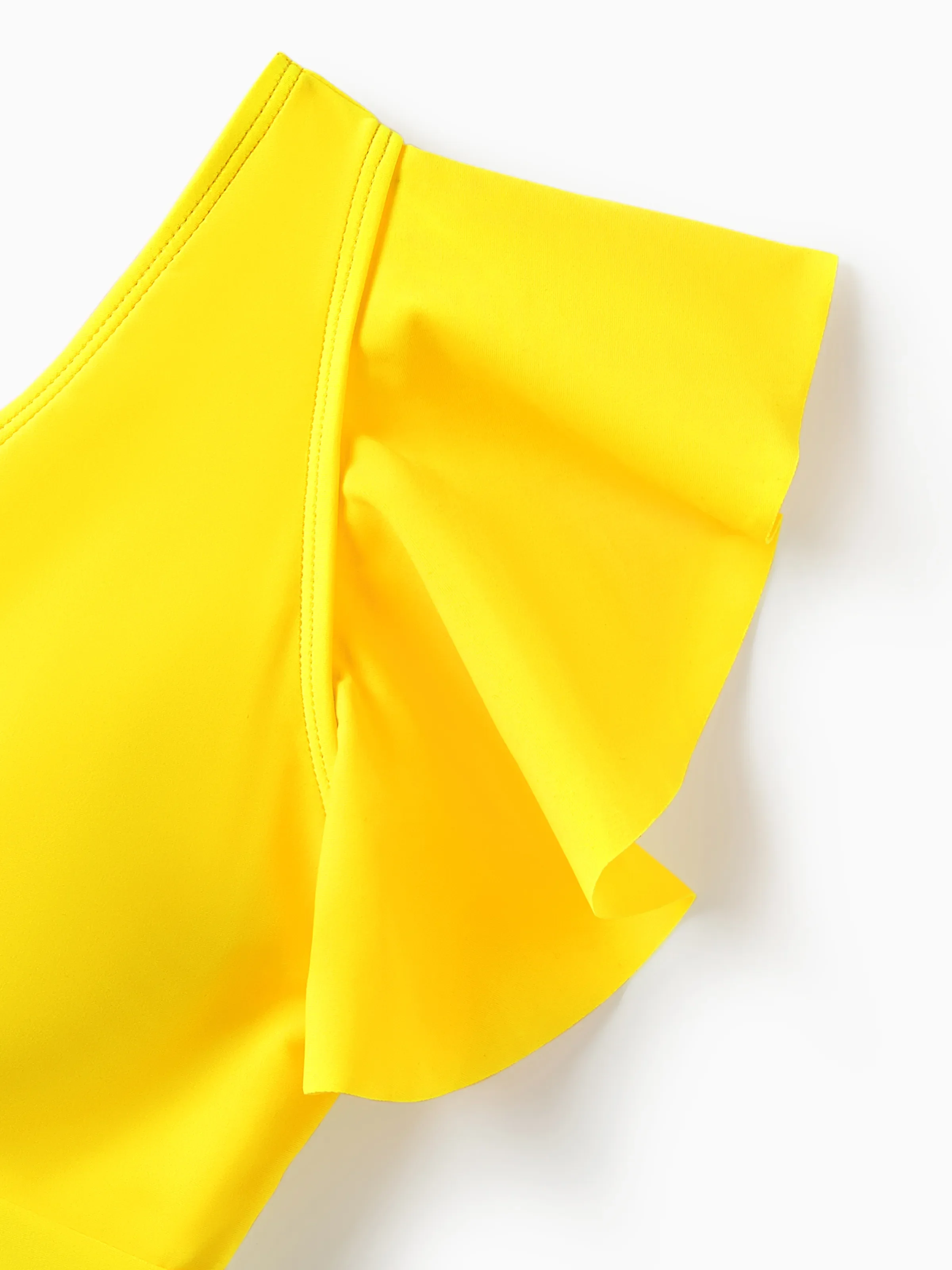 Family Matching Yellow Leaf Print Swim Trunks or Ruched Flutter Sleeve Bikini with Optional Swim Cover Up Yellow - Image 4
