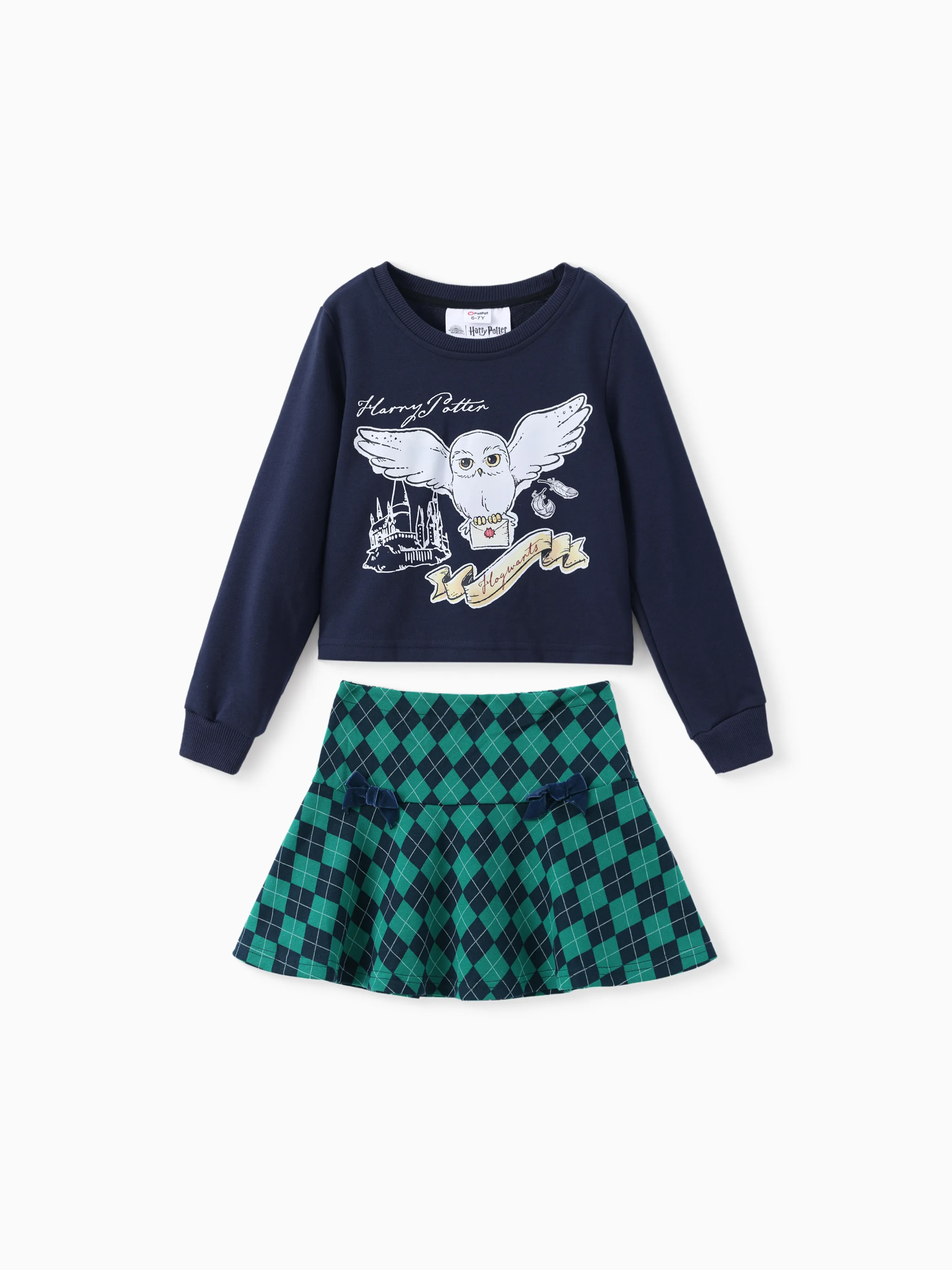 Harry Potter Kid Girl 2pcs Owl Print Long-sleeve Sweatshirt And Bow tie Plaid Skirt Set royalblue - Image 11