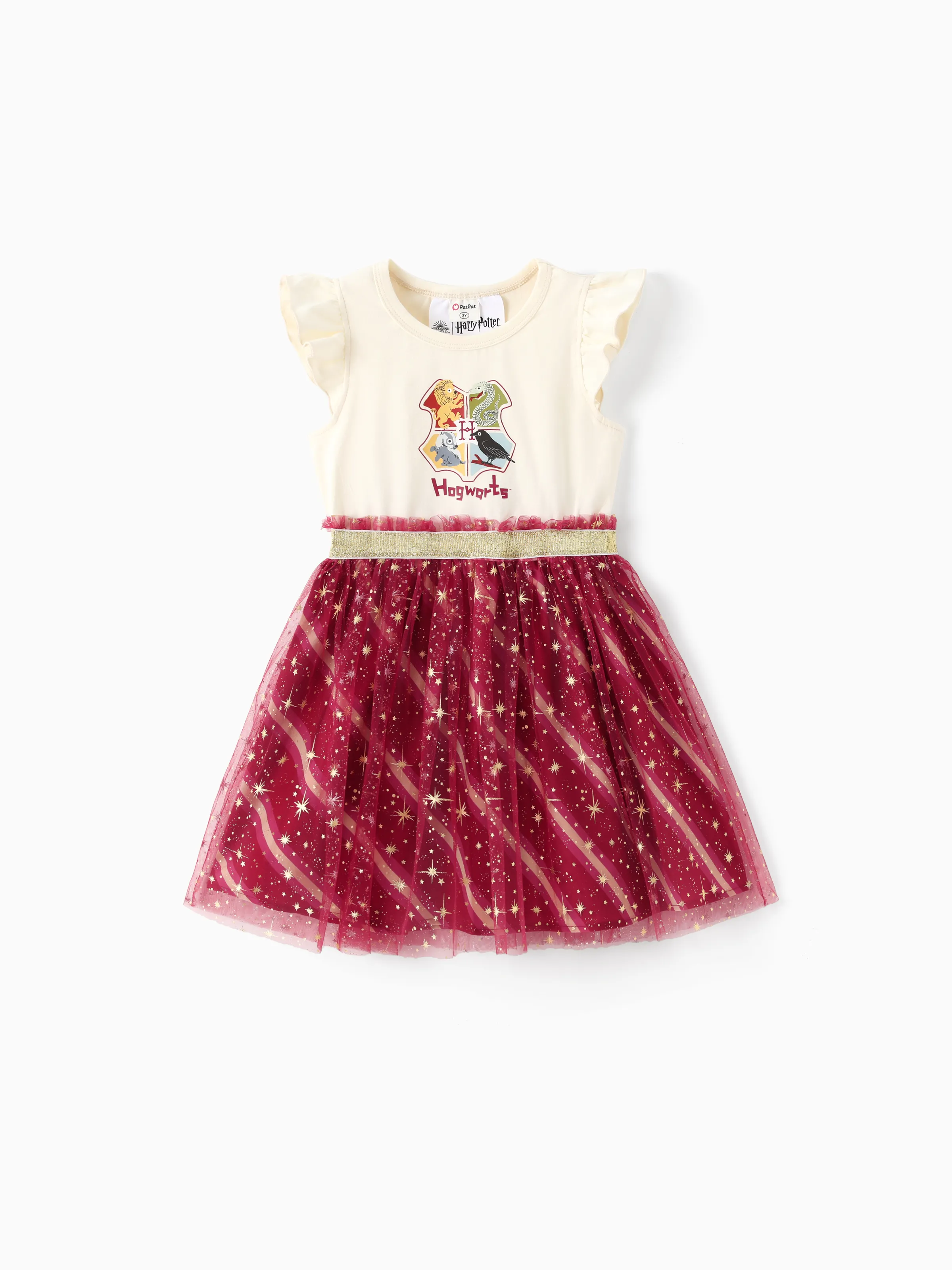 Harry Potter Toddler/Kid Girl Cotton Owl/College Print Ruffle-sleeve Mesh Dress Burgundy - Image 3