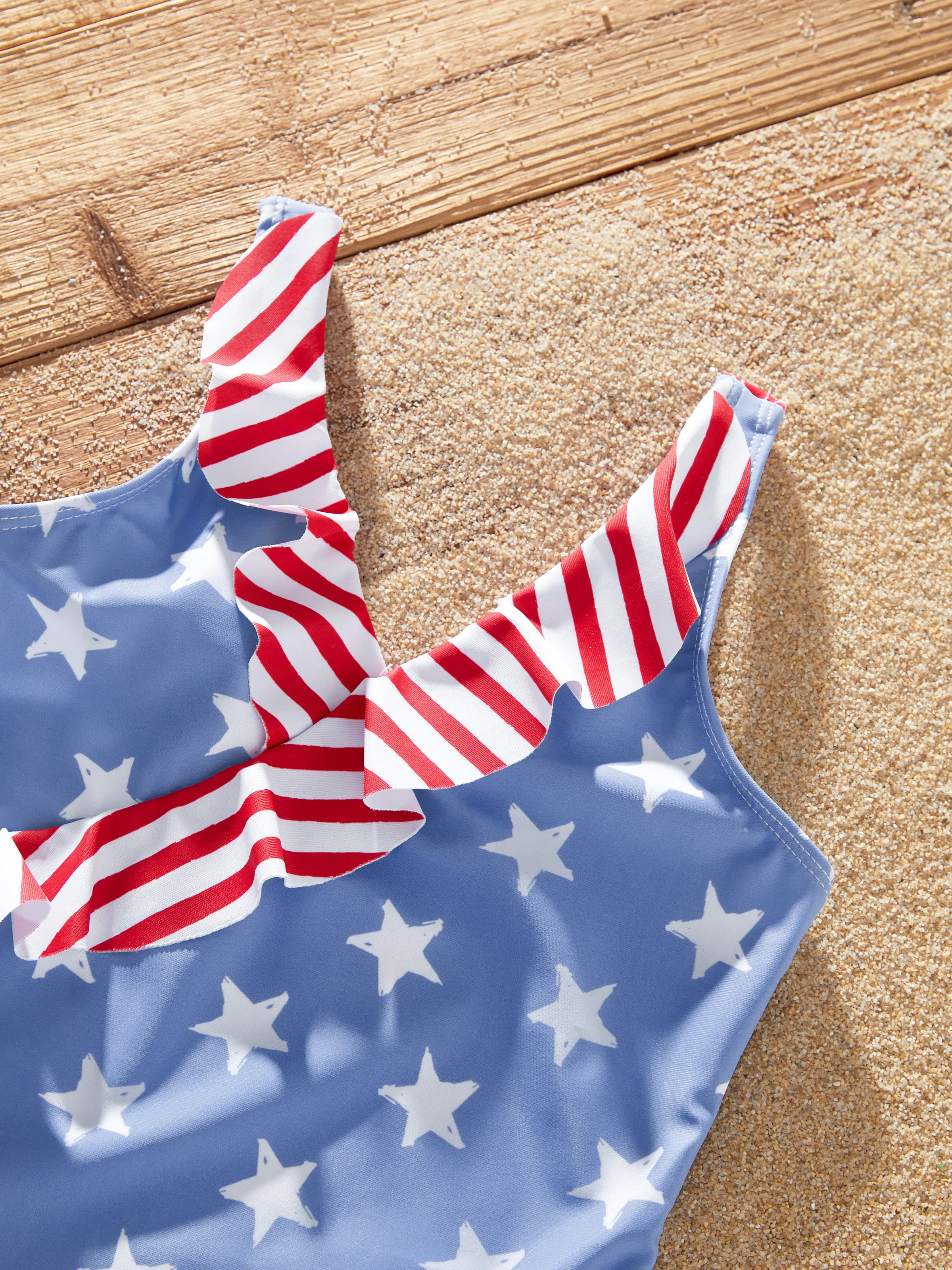 Independence Day 4th of July Daddy & Daughter Patriotic Swimwear Stars and Stripes Board Shorts or Ruffled Layers V-neck One-Piece Swimsuits Blue - Image 10