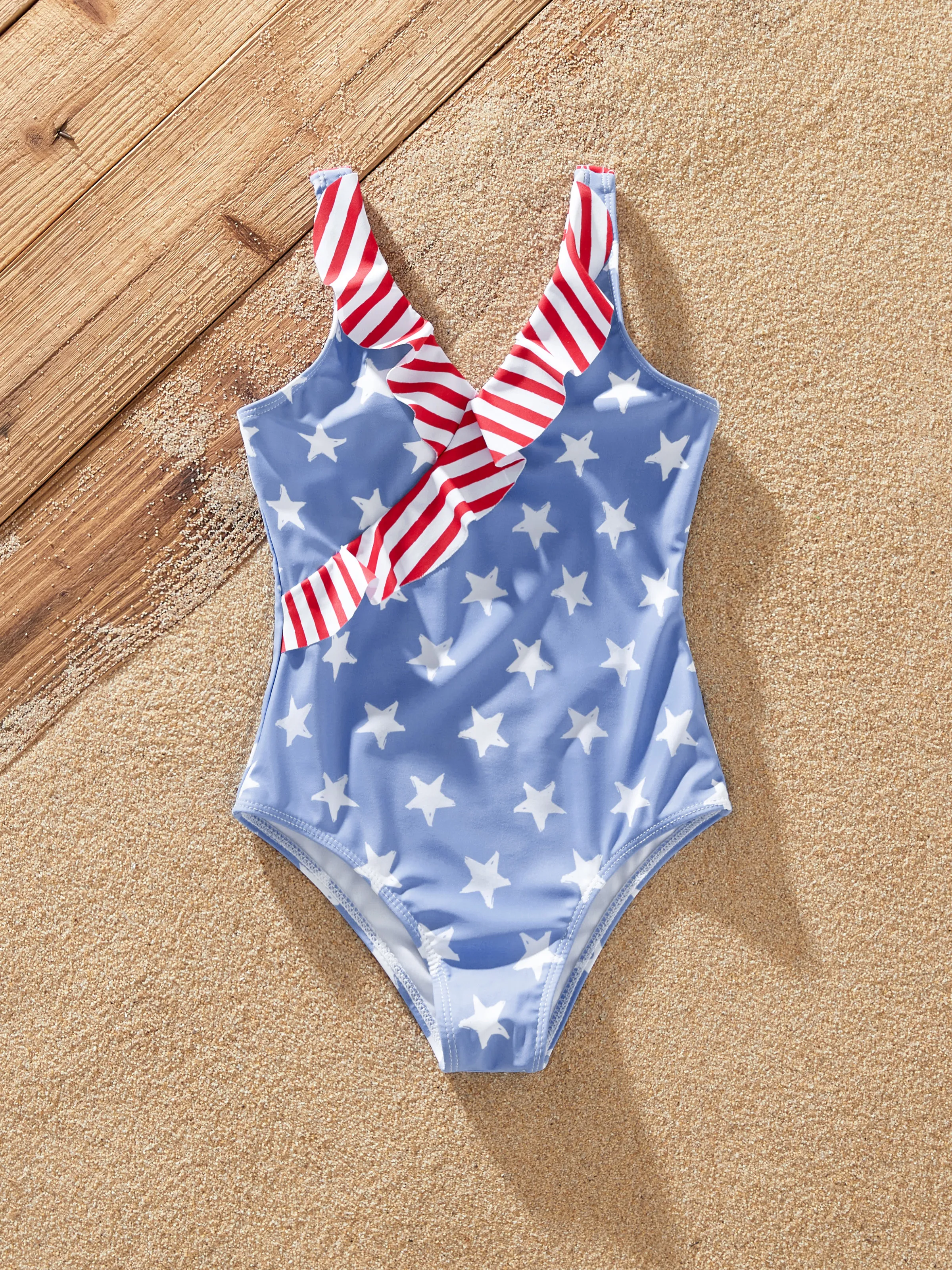 Independence Day 4th of July Daddy & Daughter Patriotic Swimwear Stars and Stripes Board Shorts or Ruffled Layers V-neck One-Piece Swimsuits Blue - Image 8