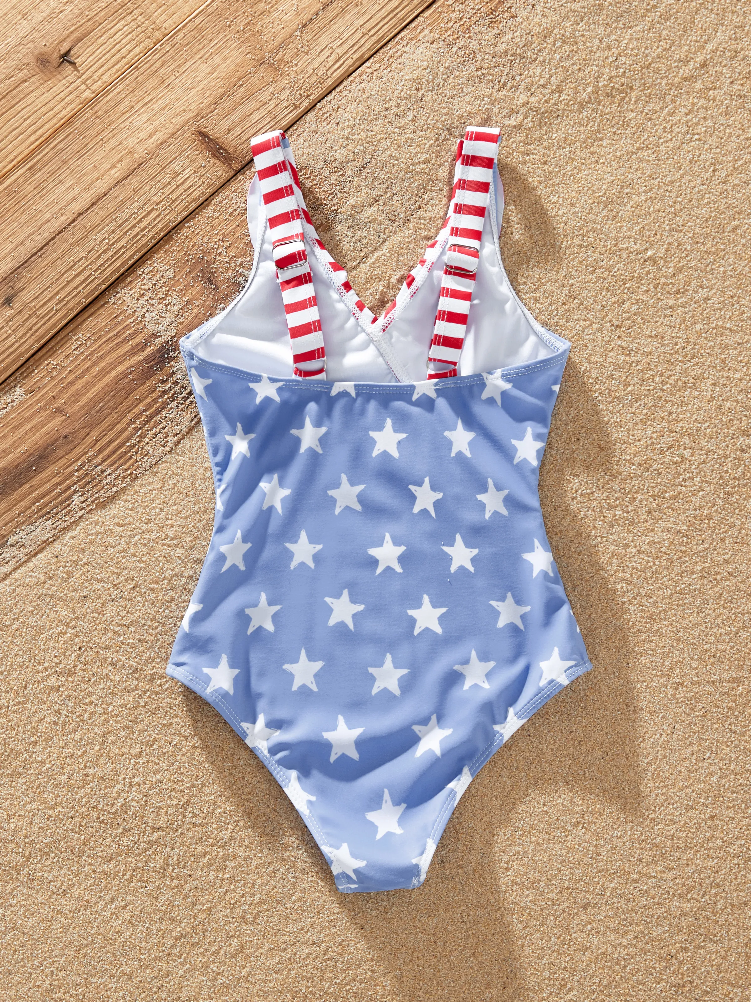 Independence Day 4th of July Family Matching Patriotic Swimwear Stars and Stripes Board Shorts or Ruffled Layers V-neck One-Piece Swimsuits Blue - Image 13
