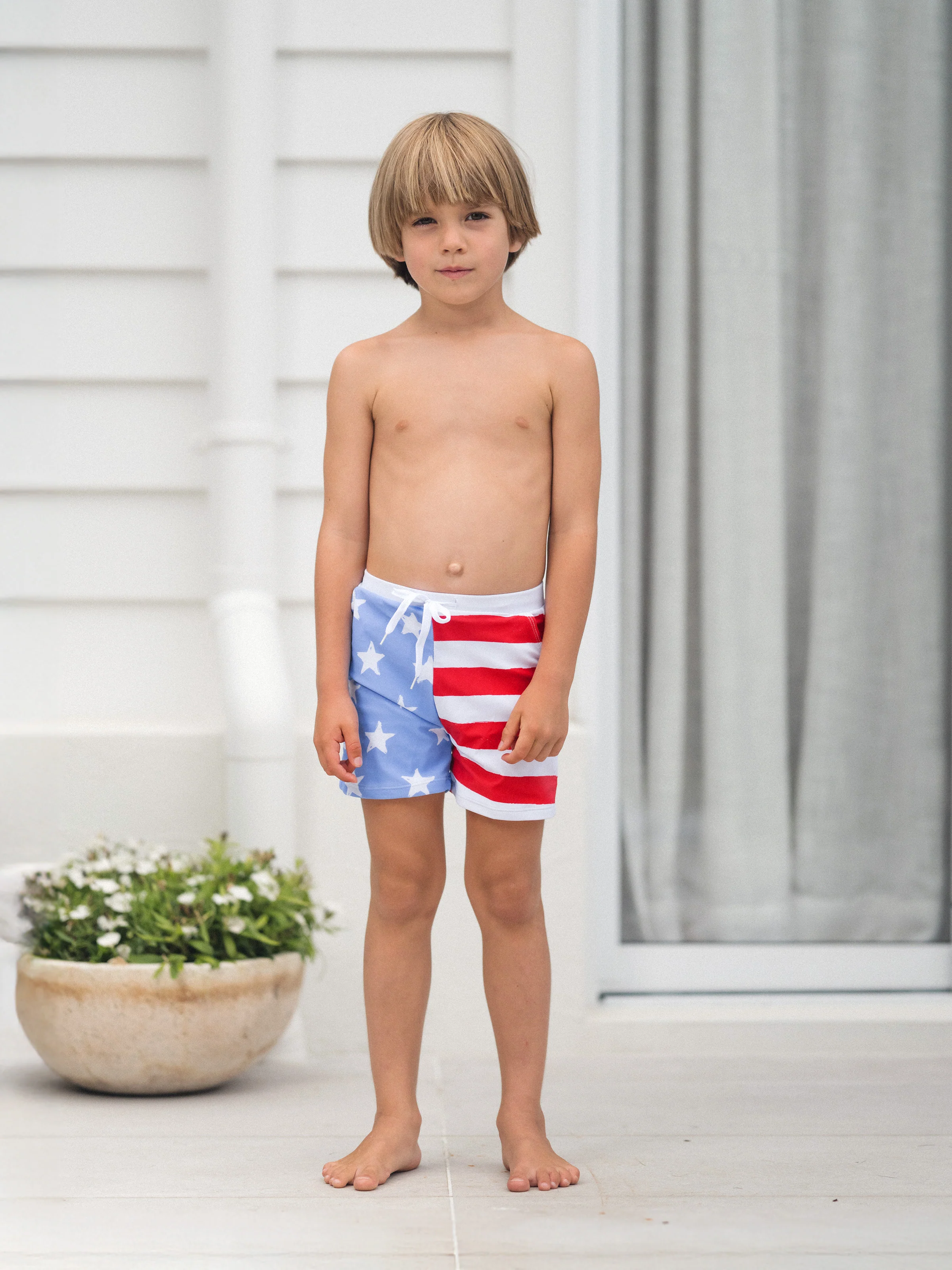 Independence Day 4th of July Family Matching Patriotic Swimwear Stars and Stripes Board Shorts or Ruffled Layers V-neck One-Piece Swimsuits Blue - Image 17