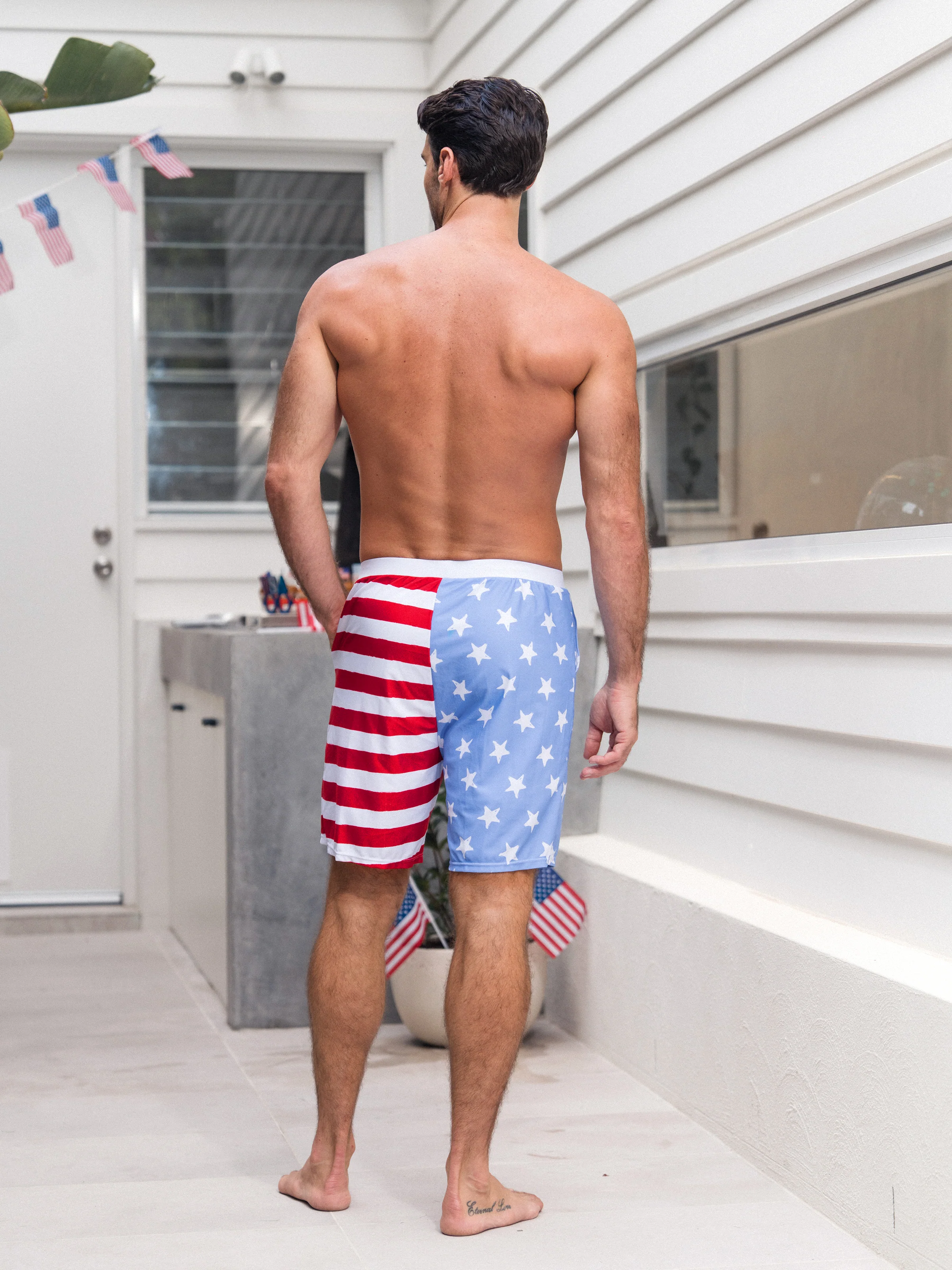 Independence Day 4th of July Family Matching Patriotic Swimwear Stars and Stripes Board Shorts or Ruffled Layers V-neck One-Piece Swimsuits Blue - Image 25