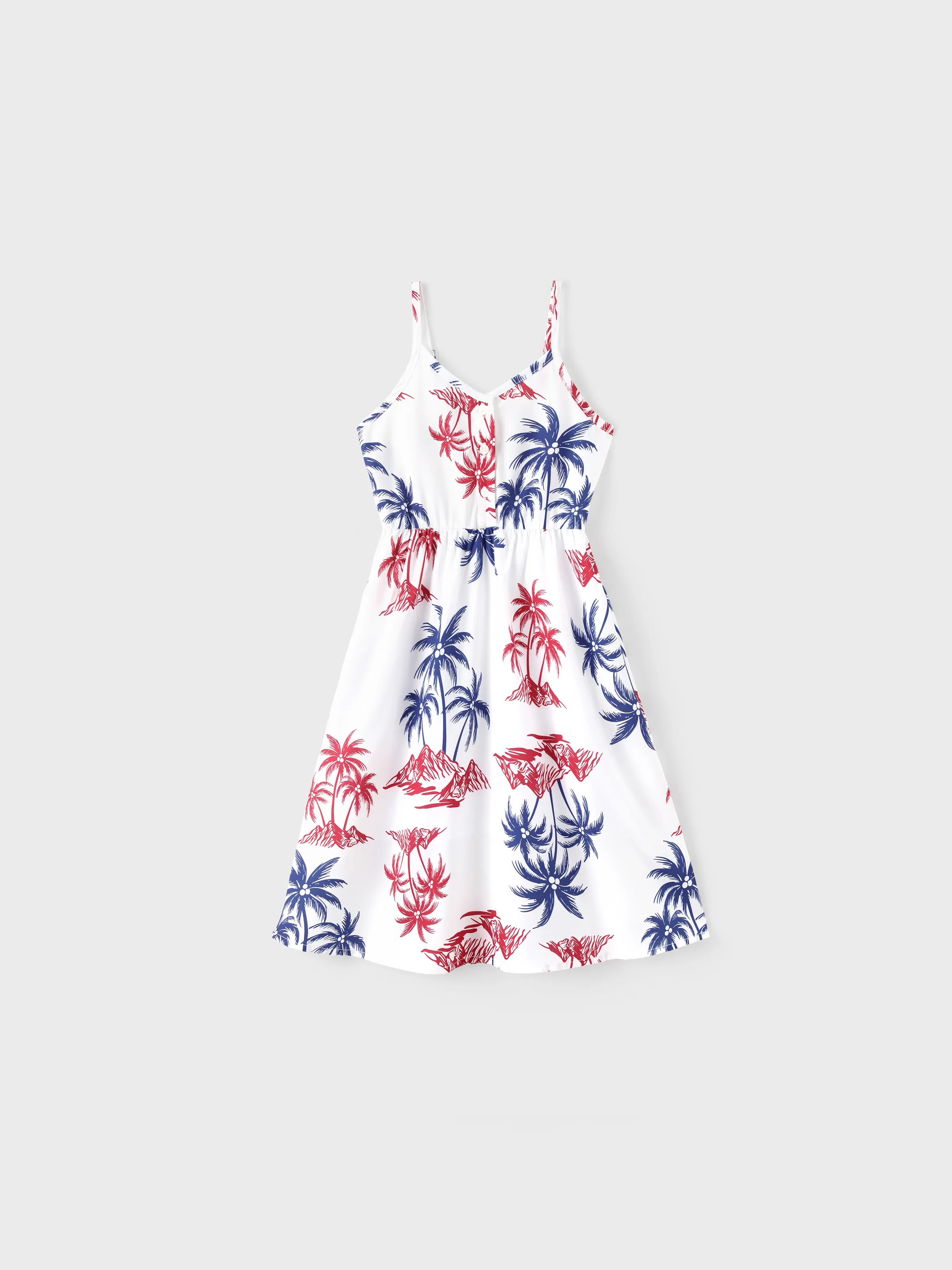 Independence Day 4th of July Matching Family Outfits Red & Blue Palm Tree Print Hawaiian Vacation Clothes Summer Beach Shirt & Dress Set Multi-color - Image 6