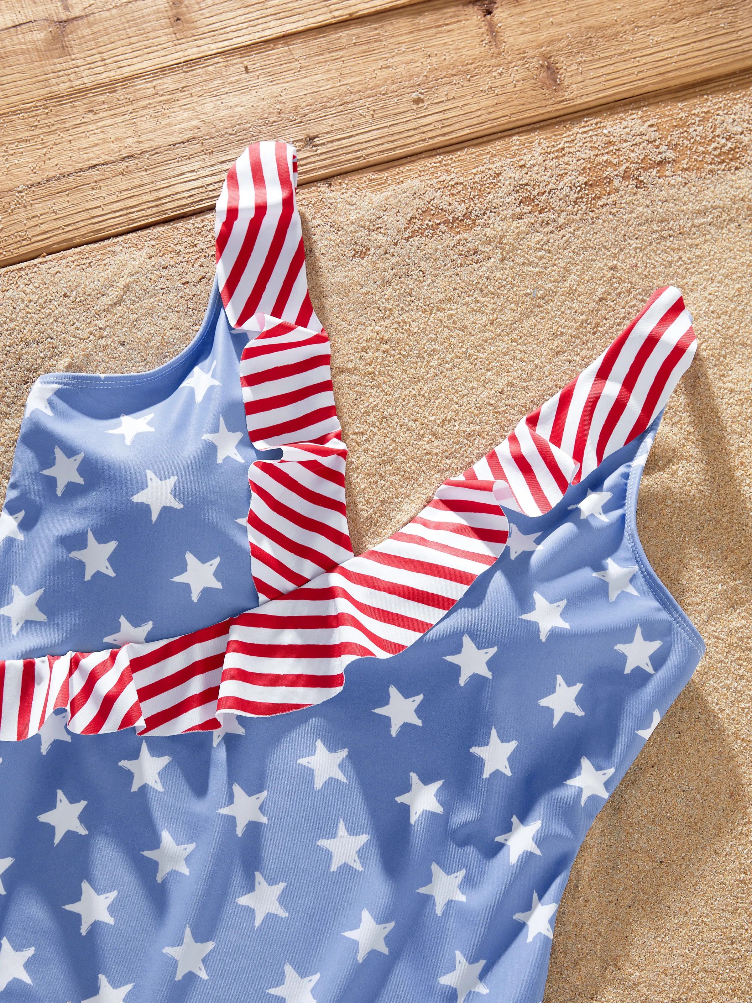 Independence Day 4th of July Mommy & me Patriotic Swimwear Stars and Ruffled Layers V-neck One-Piece Swimsuits Blue - Image 5