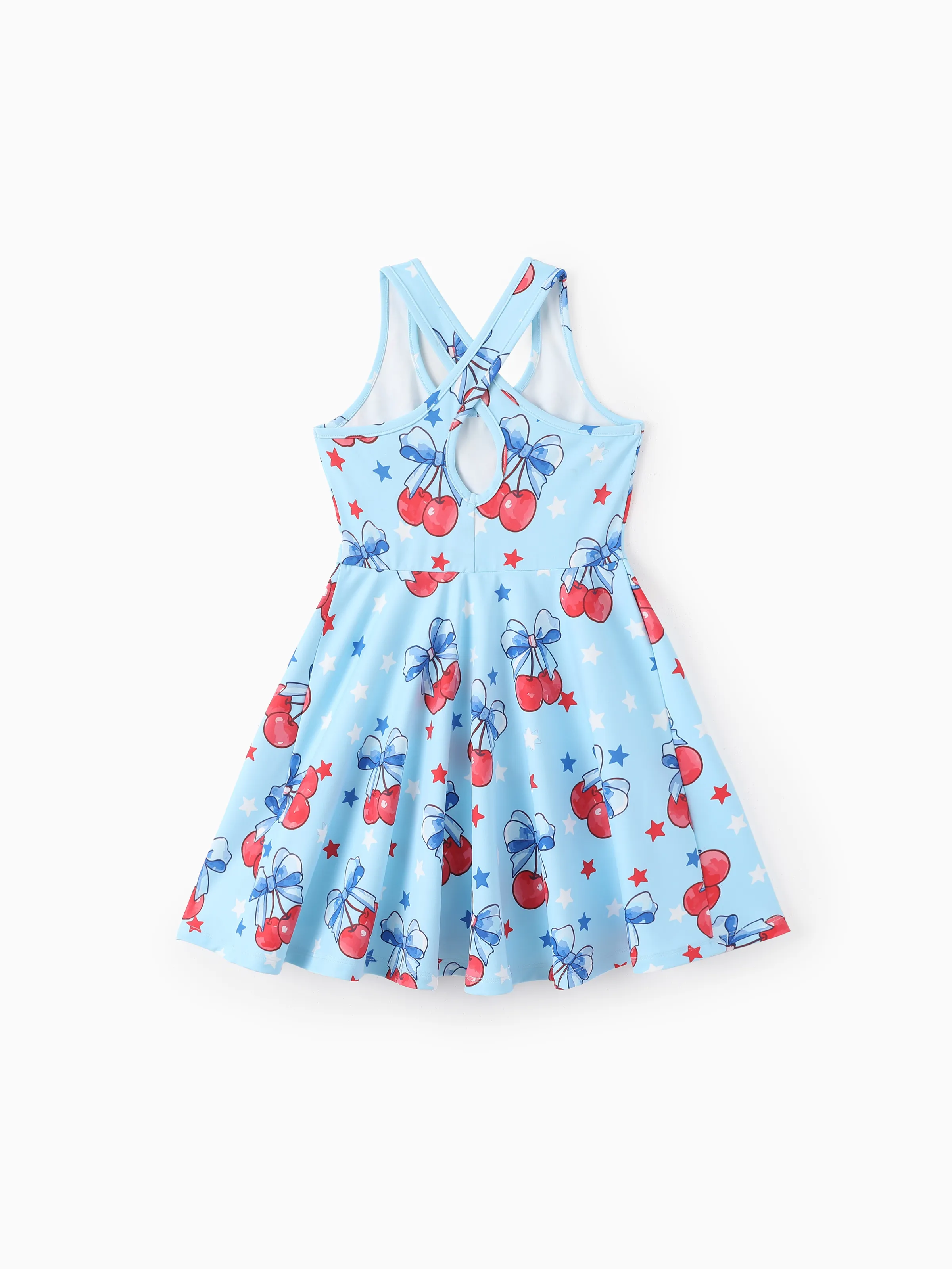 Independence Day Toddler Girls Patriotic Cherry/Star Print Casual Sleeveless Dress Light Blue - Image 4