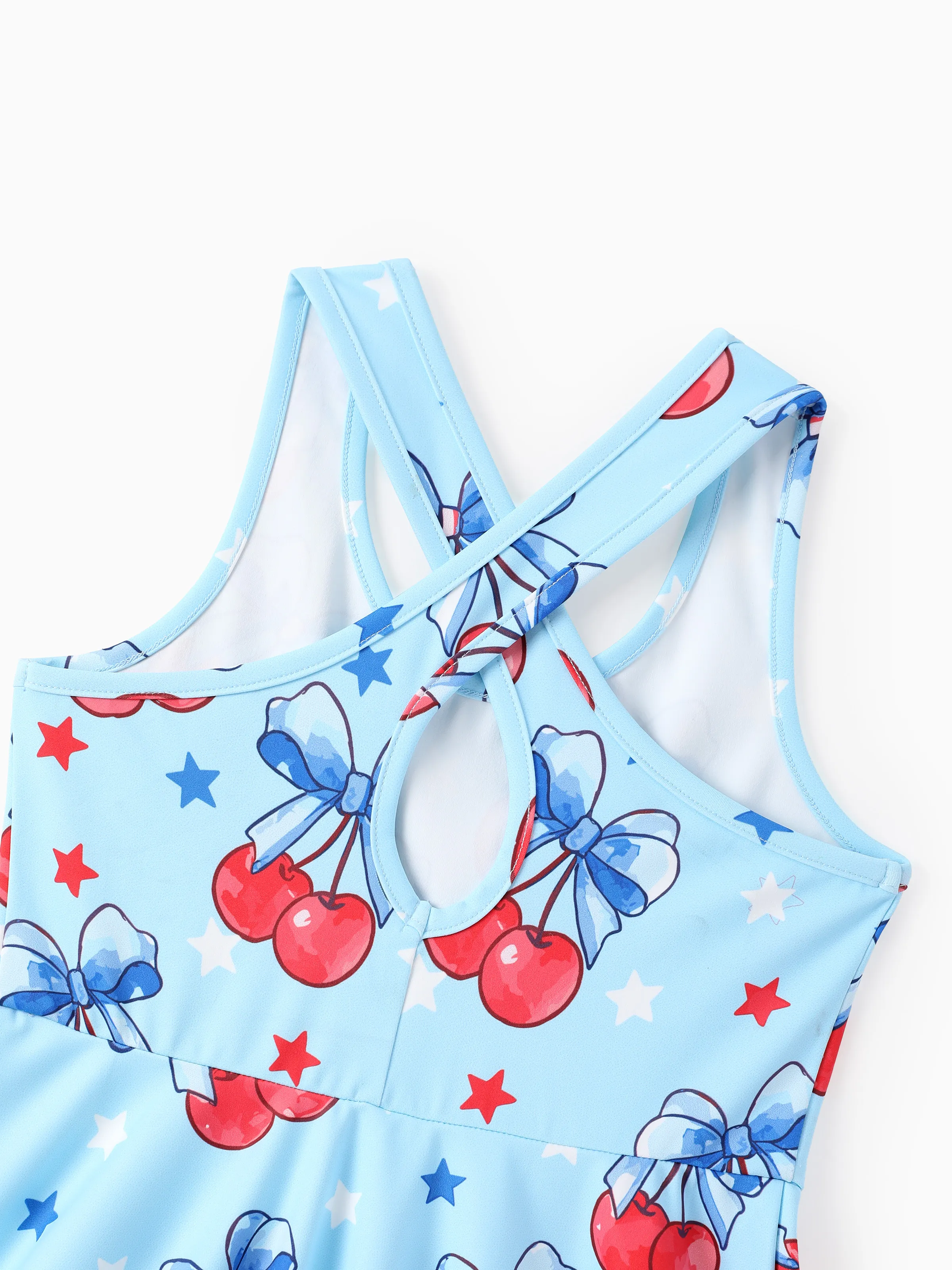 Independence Day Toddler Girls Patriotic Cherry/Star Print Casual Sleeveless Dress Light Blue - Image 5