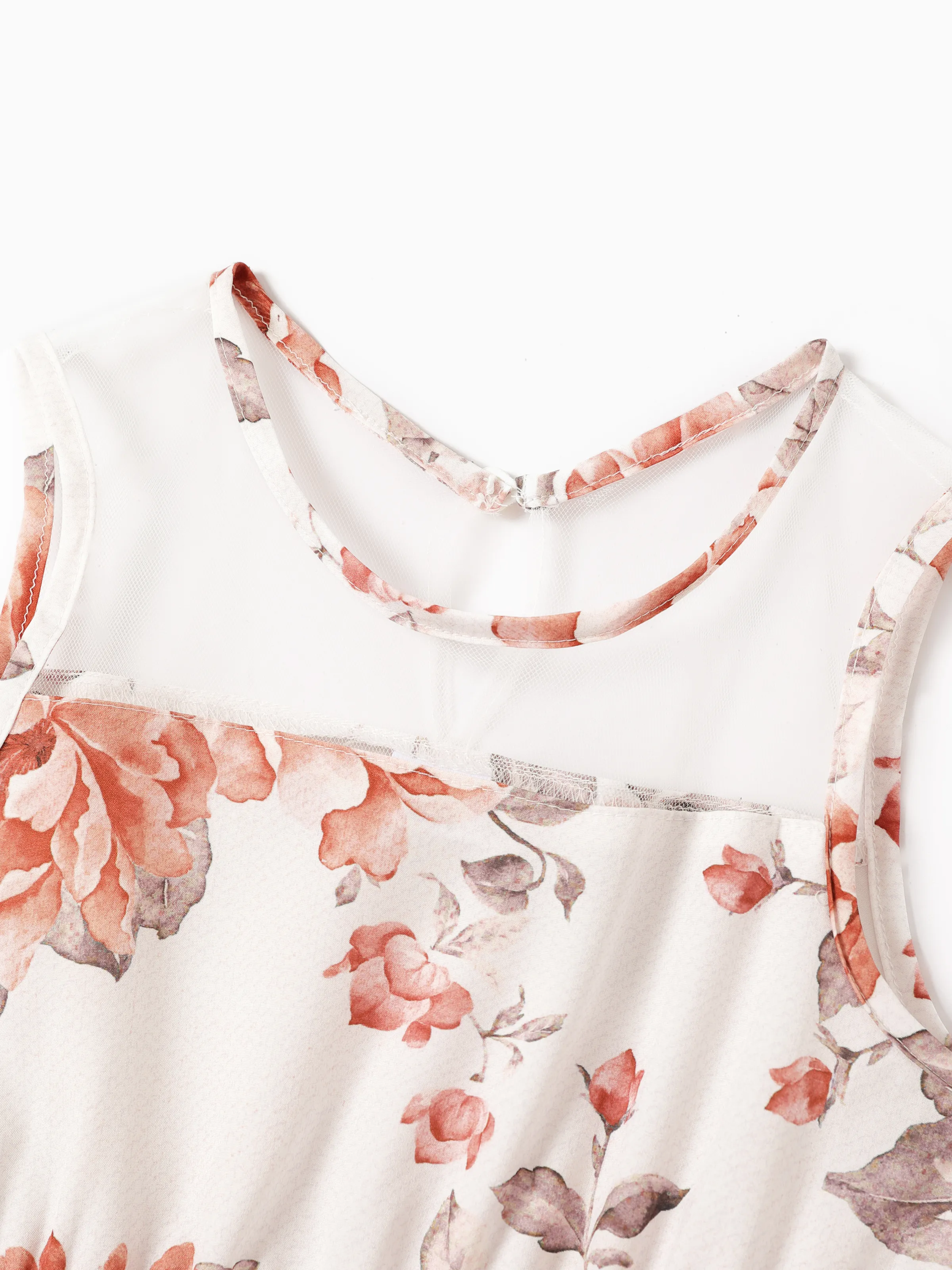 Kid Girl Floral Print Mesh Design Sleeveless Dress DarkOrange - Image 3