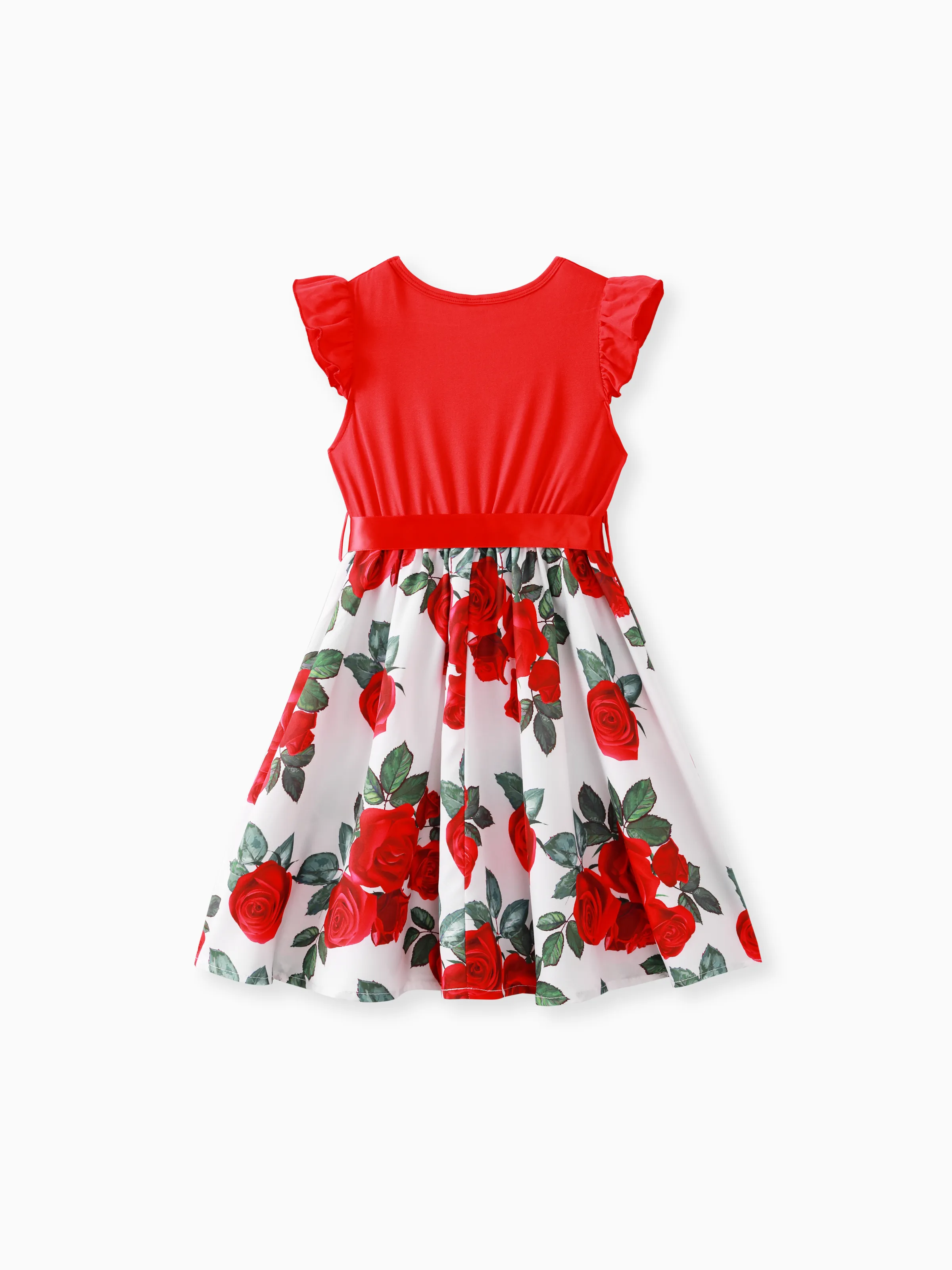 Kid Girl Floral Print Splice Belted Flutter-sleeve Dress Red - Image 2