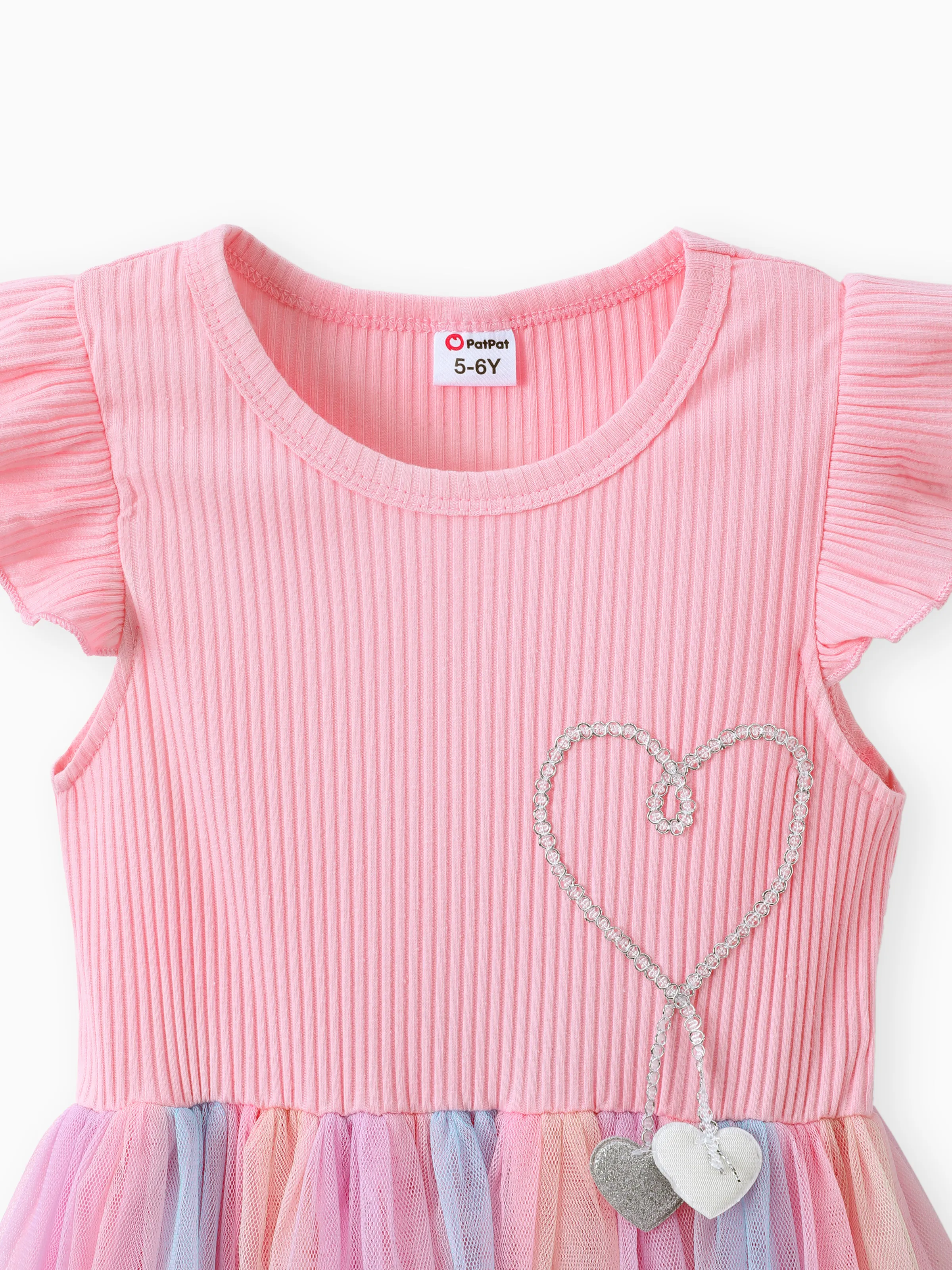 Kid Girl Princess Flutter-sleeve Heart Rainbow Mesh Fairy Dress Pink - Image 4