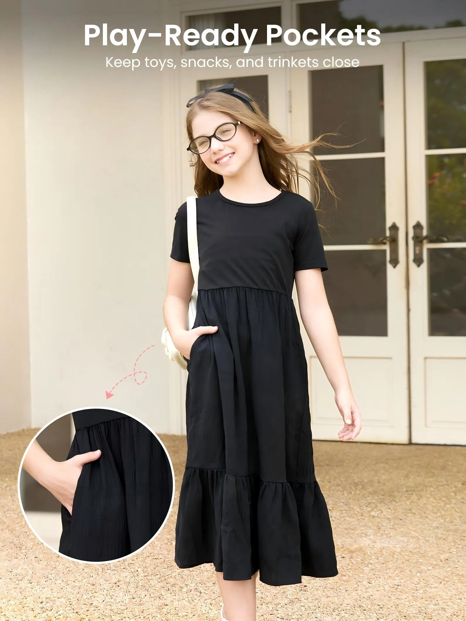 Kid Girl Ruffled Boho Casual Maxi Dress with Pockets Black - Image 6