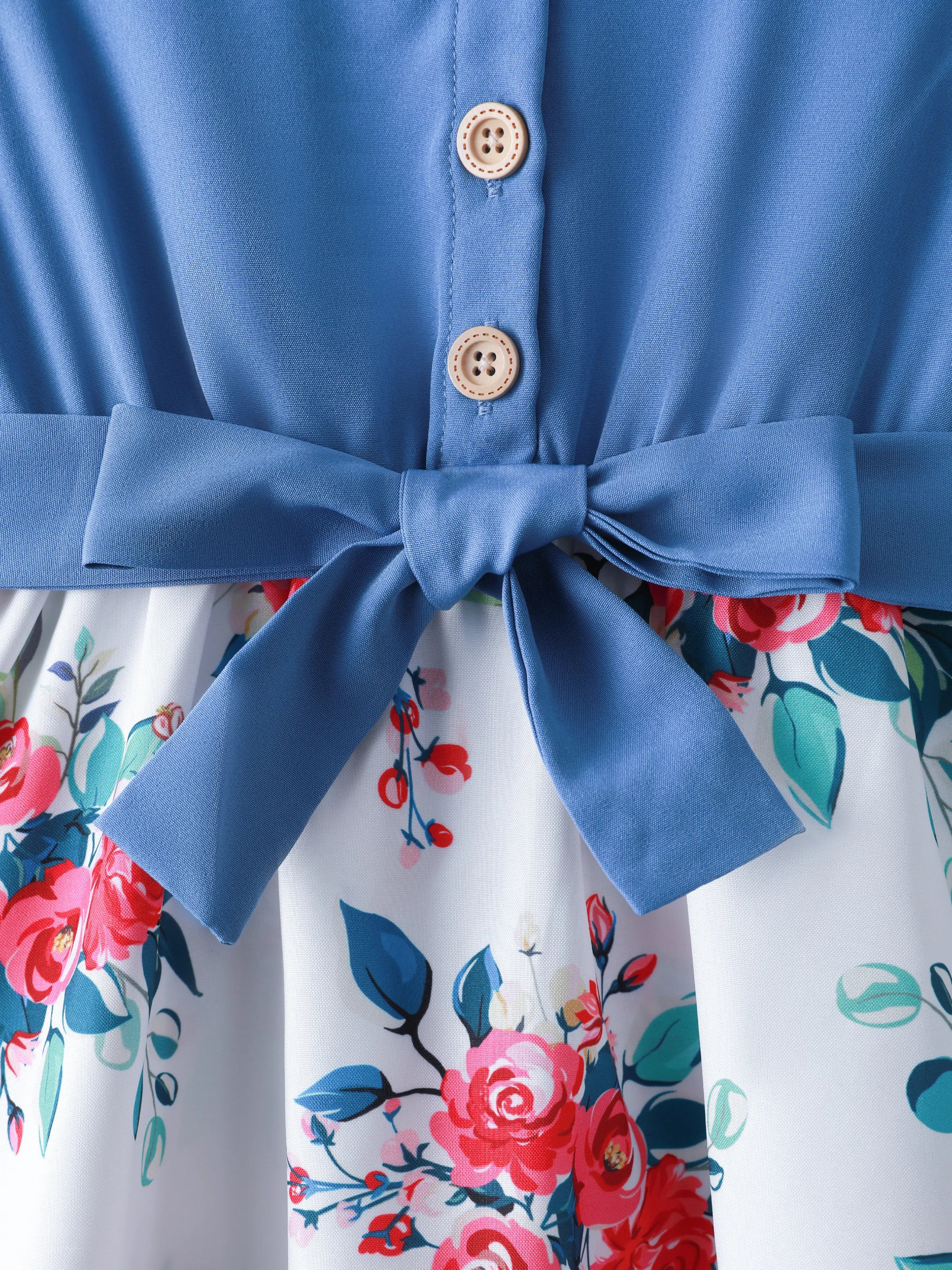 Kid Girl Ruffled Floral Print Splice Belted Flutter-sleeve Dress Blue - Image 4