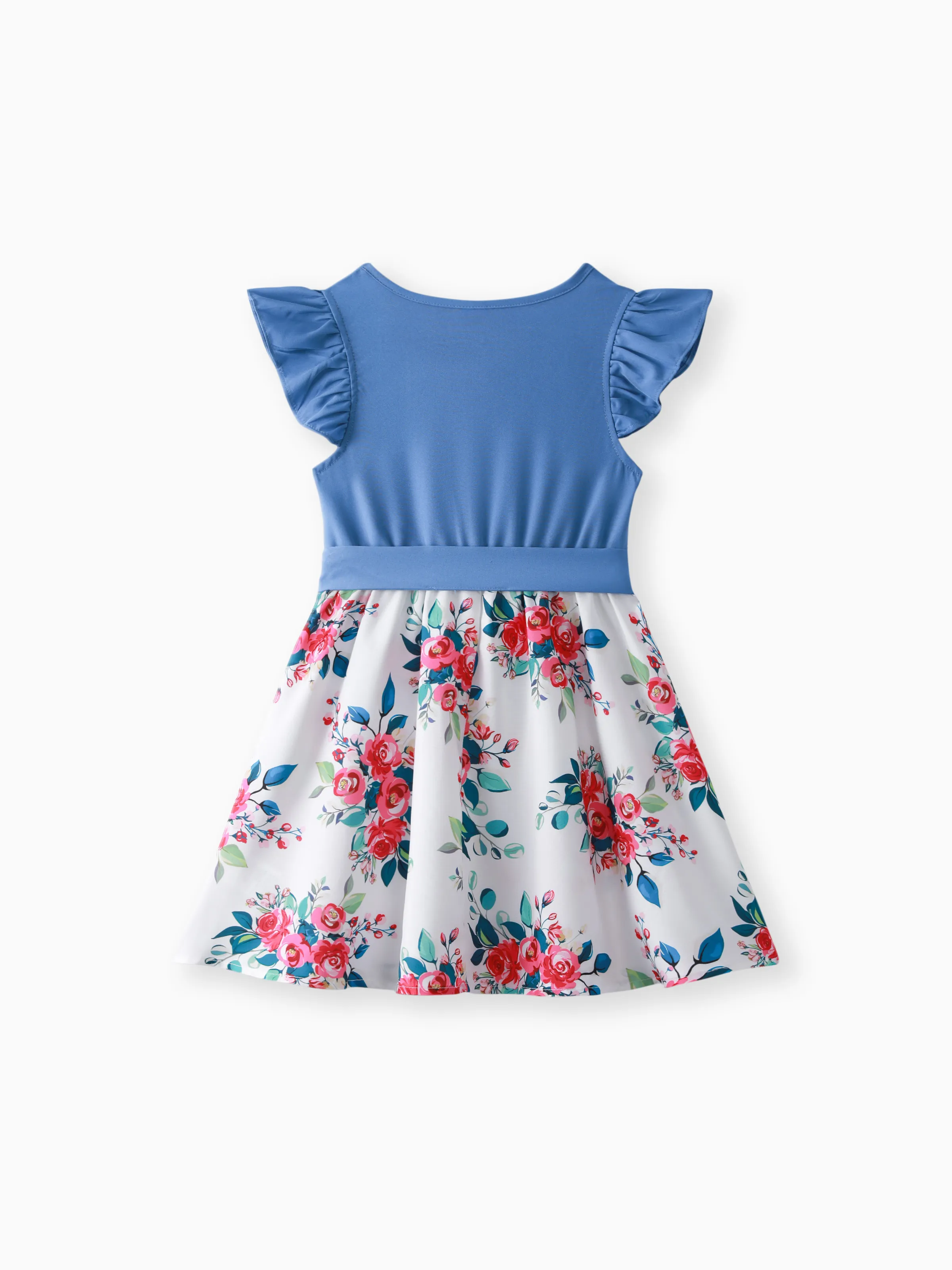Kid Girl Ruffled Floral Print Splice Belted Flutter-sleeve Dress Blue - Image 7