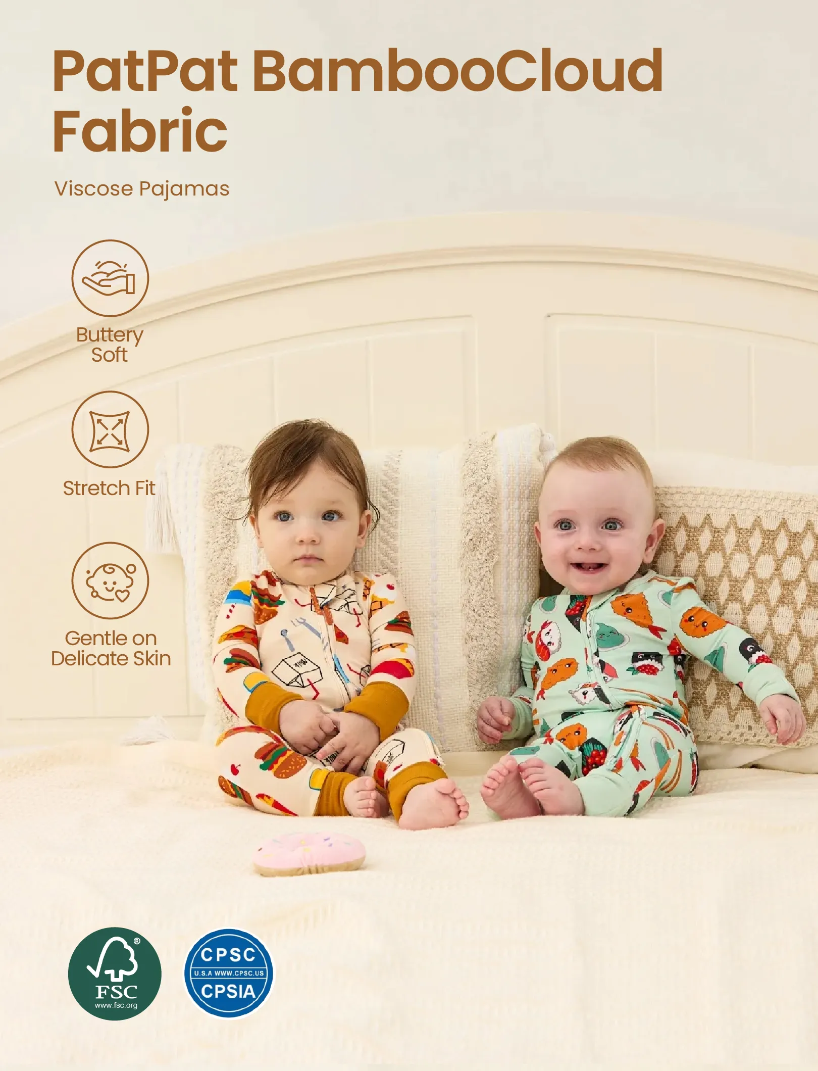 Kids Baby / Girl Bamboo Pajamas With Childlike Print (Snug-Fitting) Brown - Image 3
