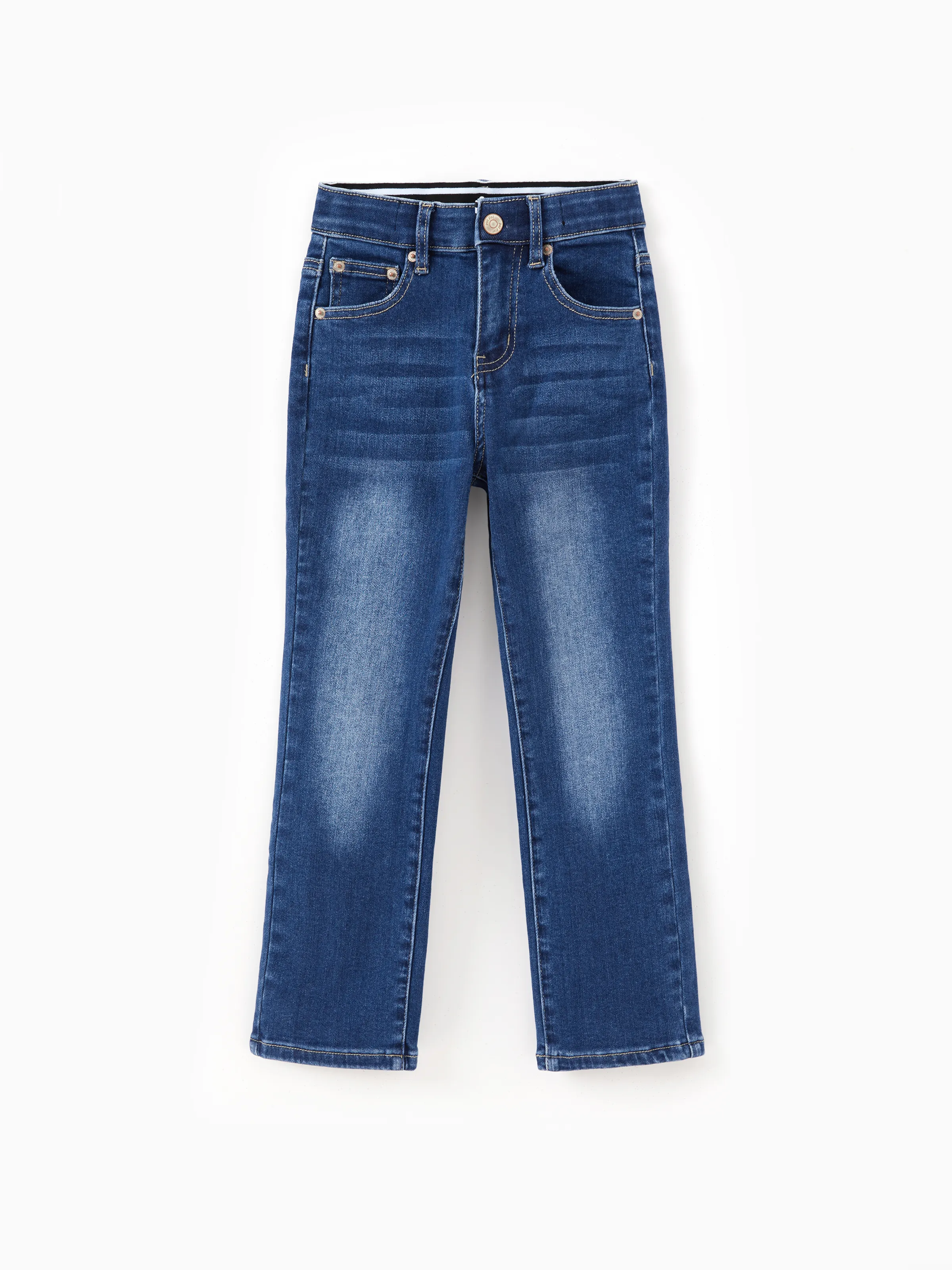 Kids Pull On Elastic Waist Denim Jeans Soft Stretch Comfortable Everyday Pants with Pockets Deep Blue - Image 2