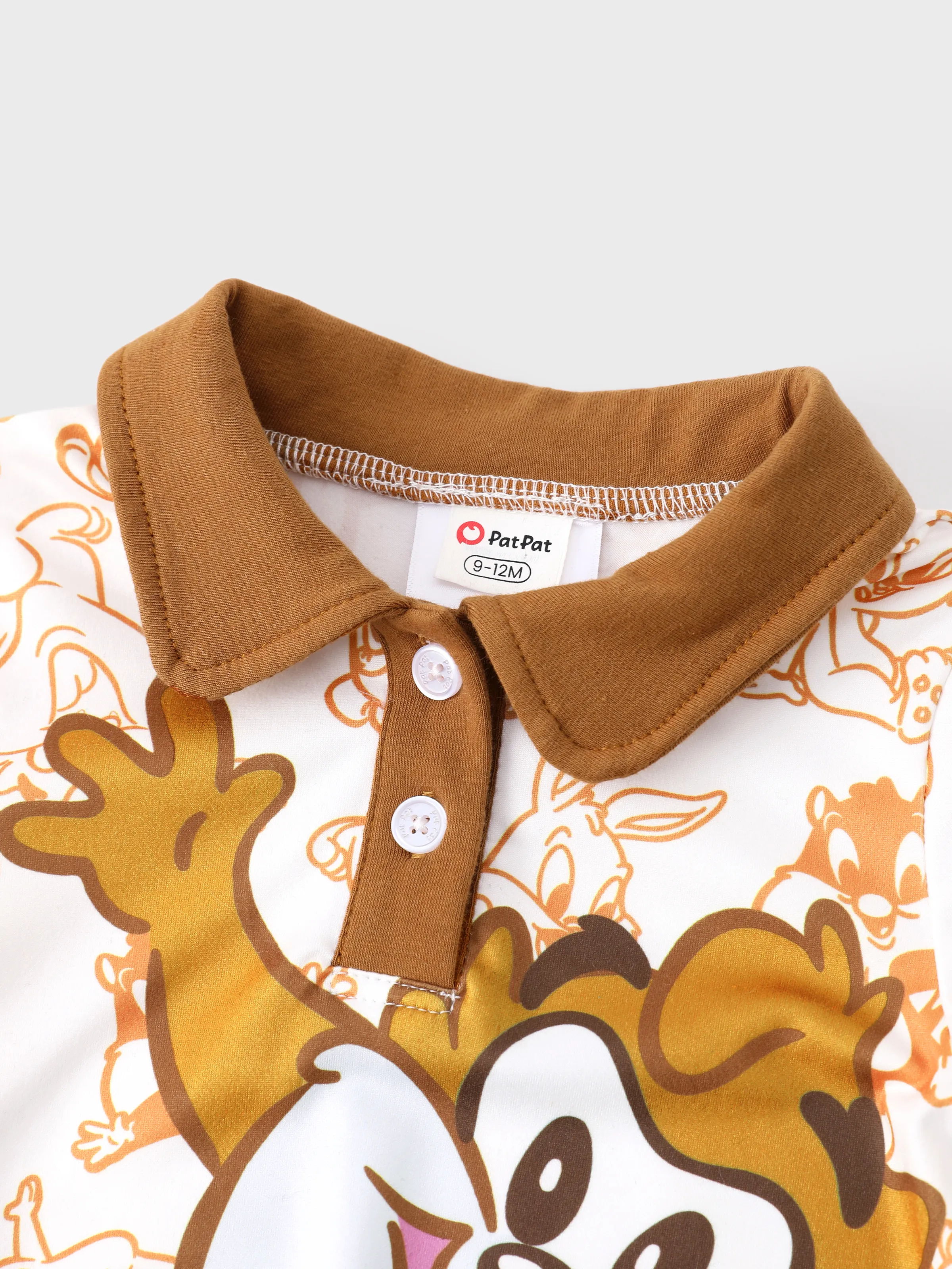 Looney Tunes Baby Boy Stitching Print Colorblock Polo Collar Jumpsuit Brown - Image 3
