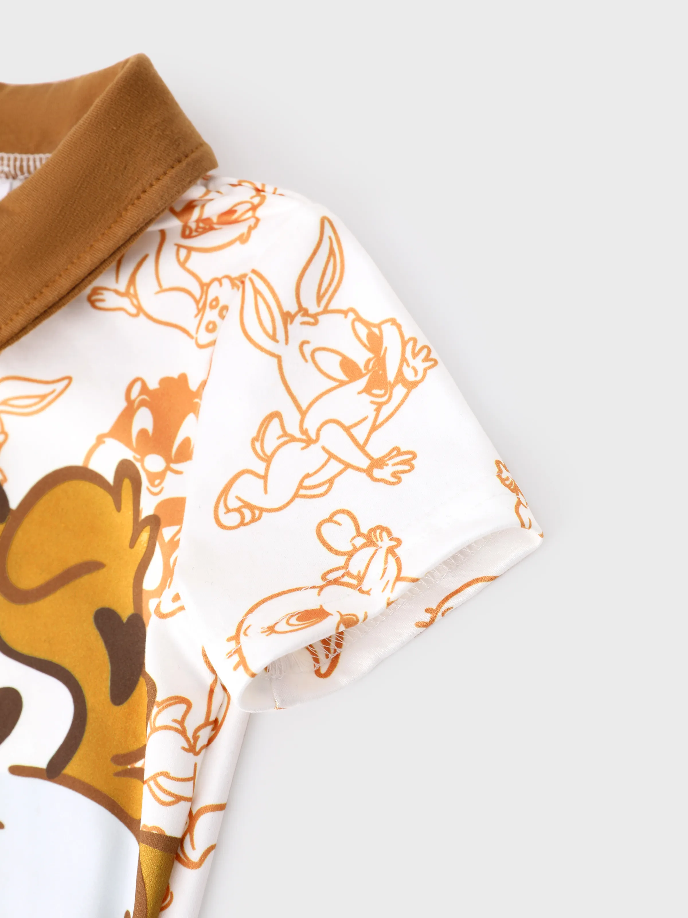 Looney Tunes Baby Boy Stitching Print Colorblock Polo Collar Jumpsuit Brown - Image 4