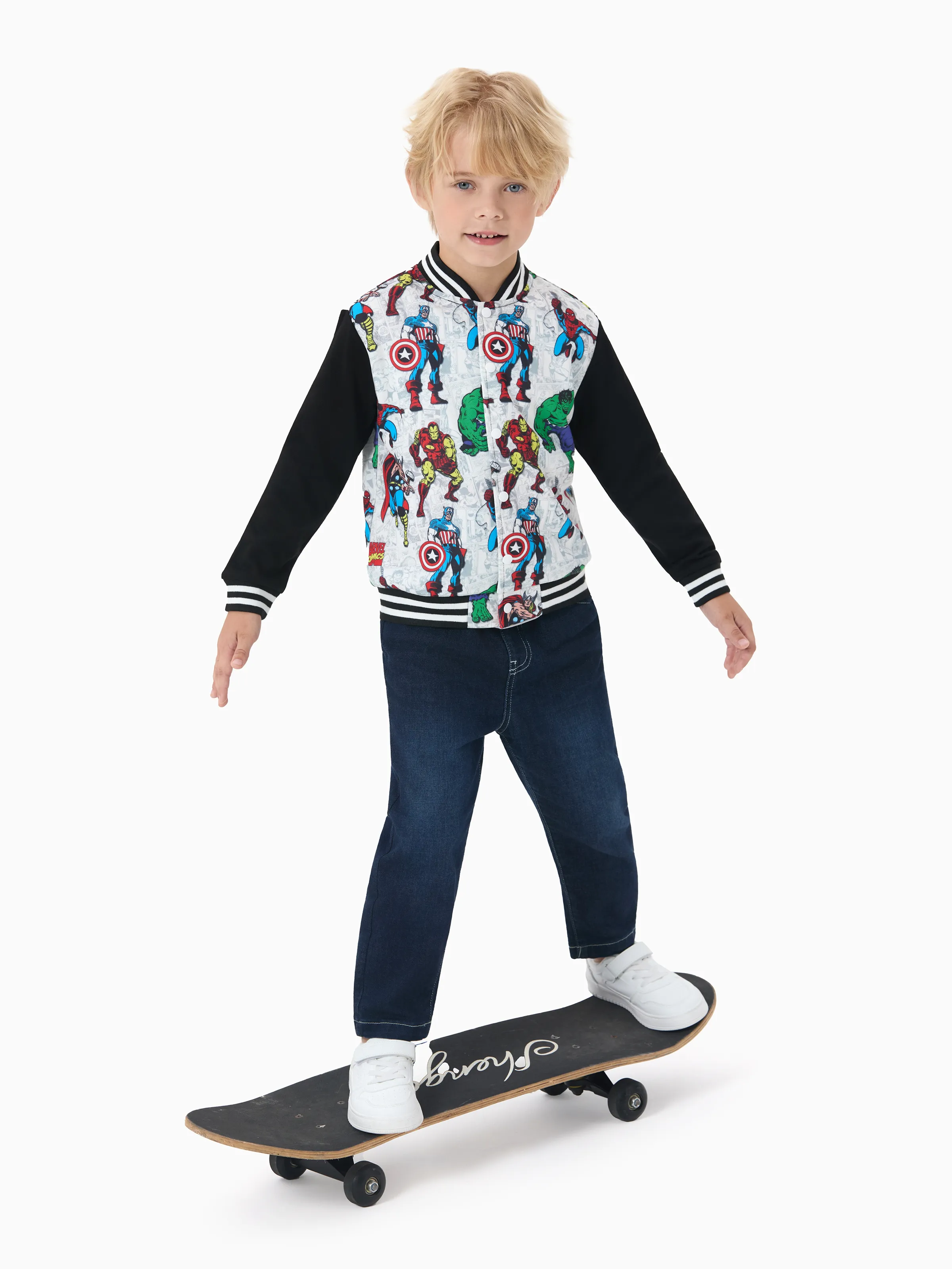 Marvel Toddler/Kids Boy Spider-Man/ Captain America/ IronMan/ Green Hulk Allover Print Stand Collar Jacket Black - Image 3