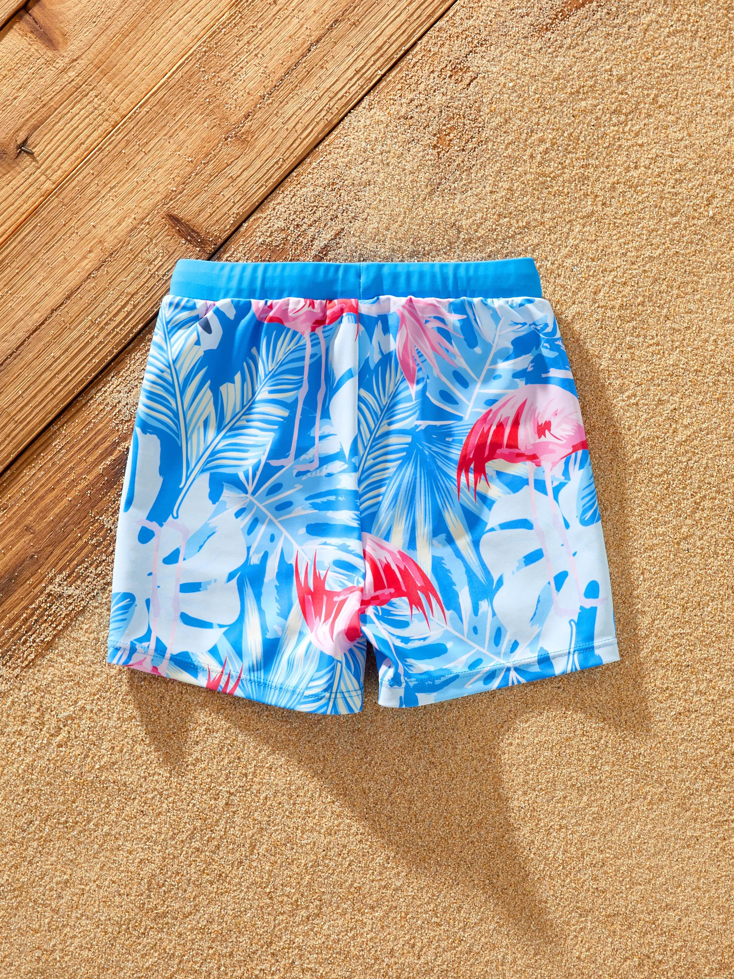 Matching Family Blue Swimsuit Flamingo Print Swim Trunks or Elasticized Mesh Splicing One piece Swimwear Blue - Image 13
