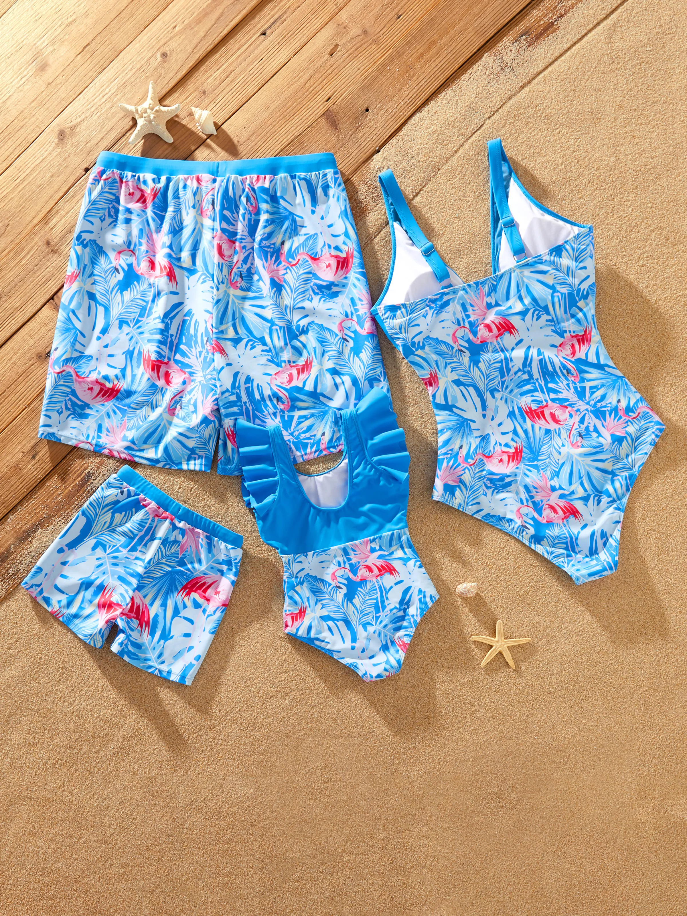 Matching Family Blue Swimsuit Flamingo Print Swim Trunks or Elasticized Mesh Splicing One piece Swimwear Blue - Image 16