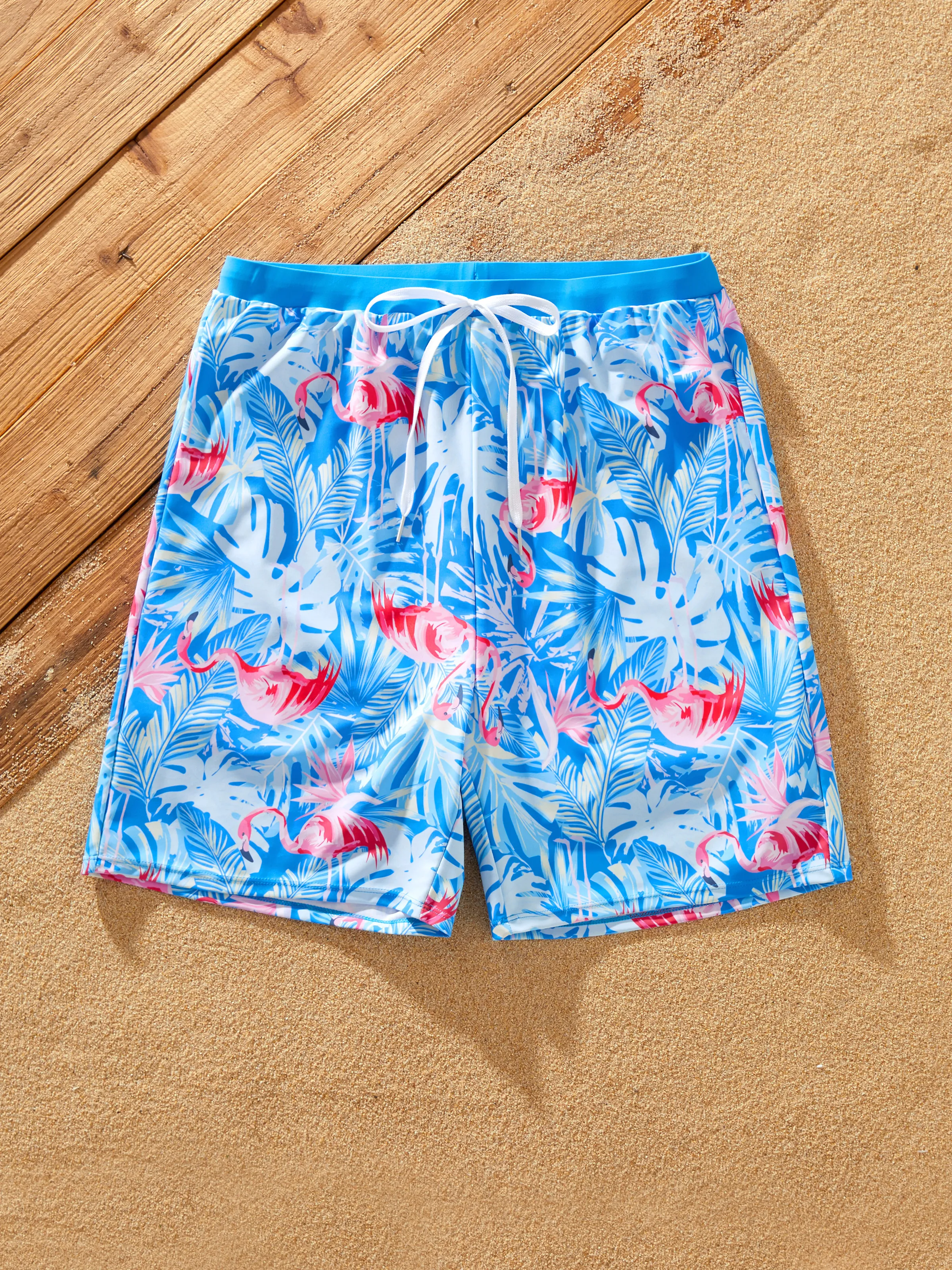 Matching Family Blue Swimsuit Flamingo Print Swim Trunks or Elasticized Mesh Splicing One piece Swimwear Blue - Image 17