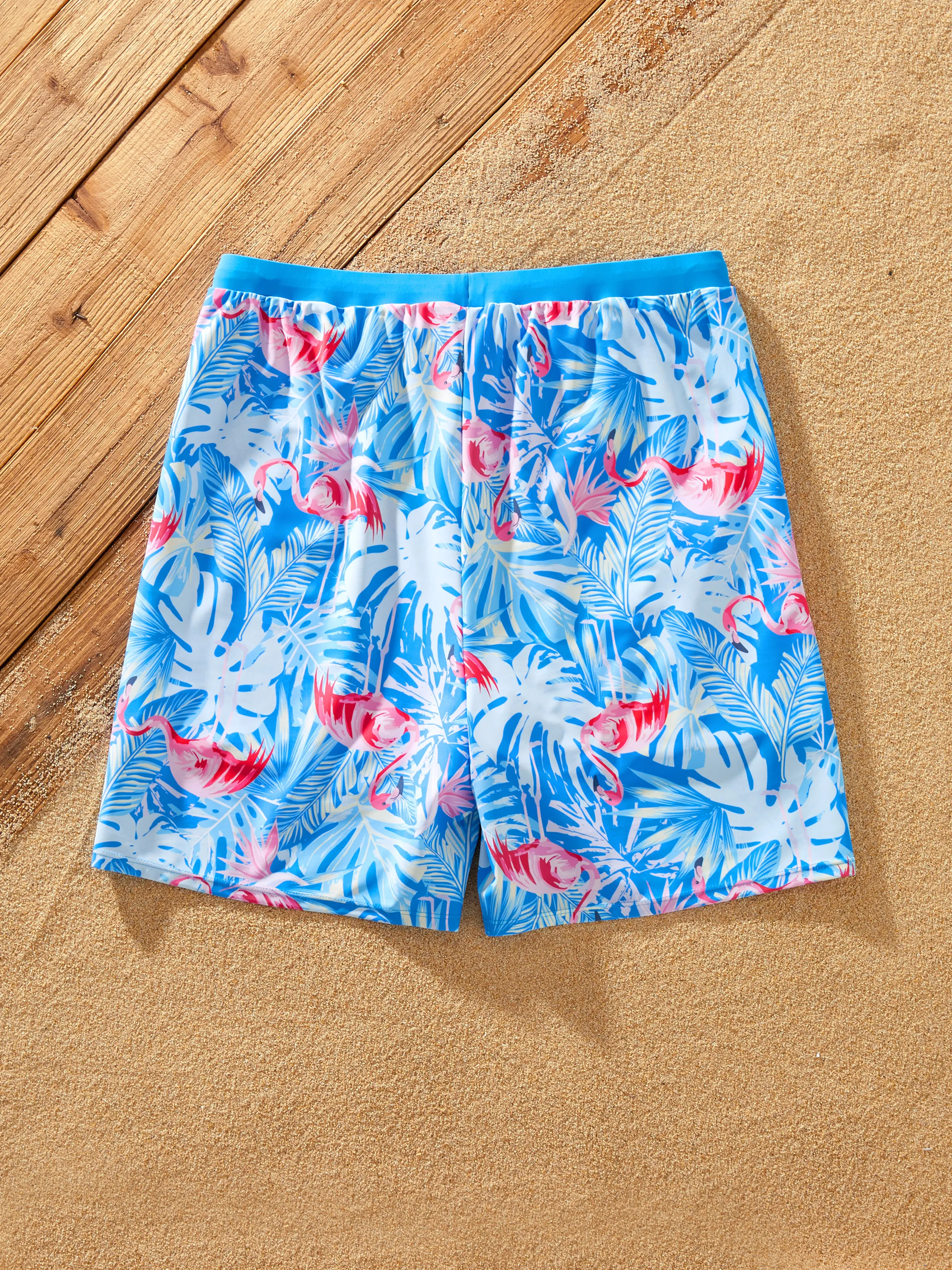 Matching Family Blue Swimsuit Flamingo Print Swim Trunks or Elasticized Mesh Splicing One piece Swimwear Blue - Image 18