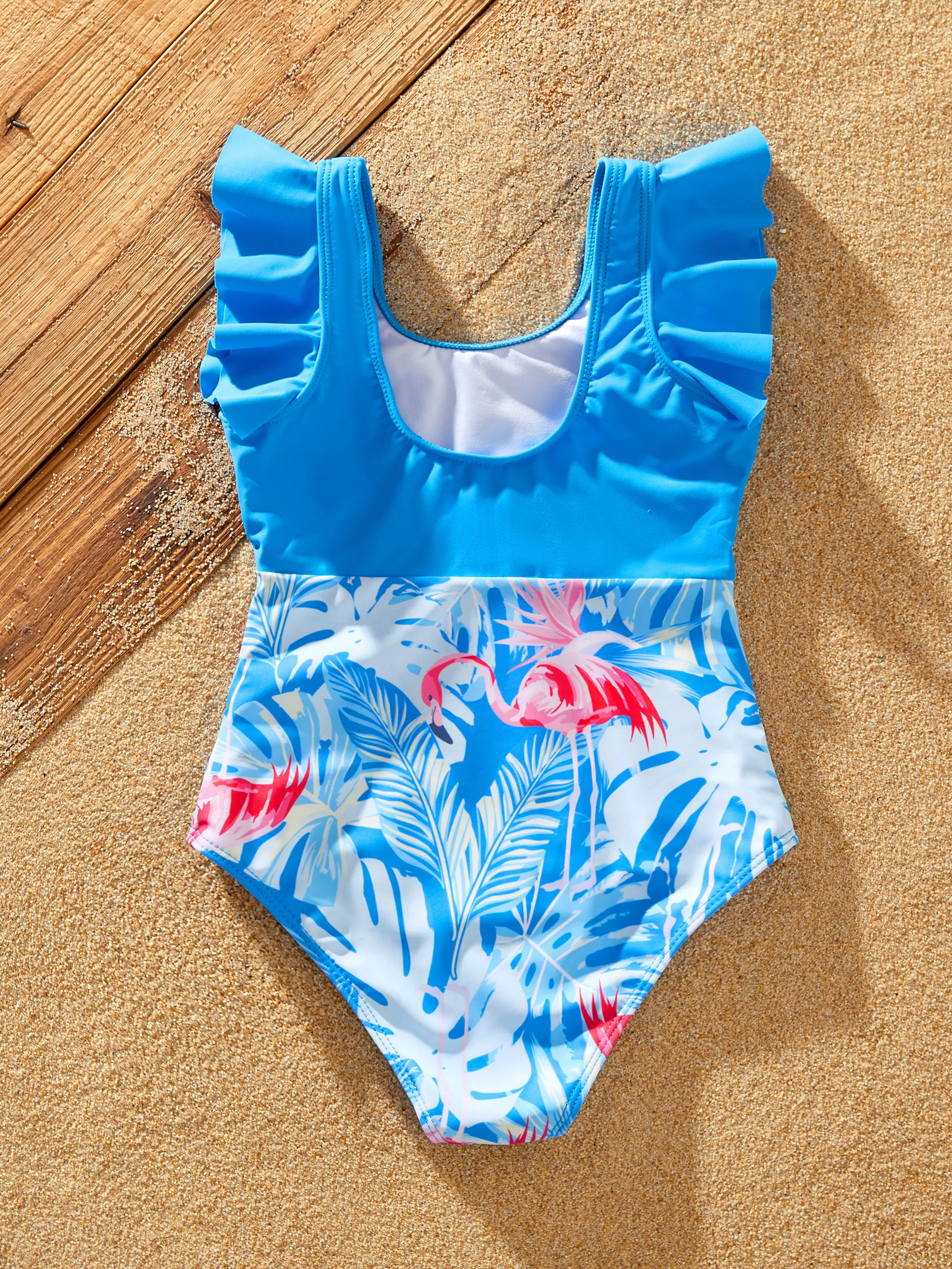 Matching Family Blue Swimsuit Flamingo Print Swim Trunks or Elasticized Mesh Splicing One piece Swimwear Blue - Image 8
