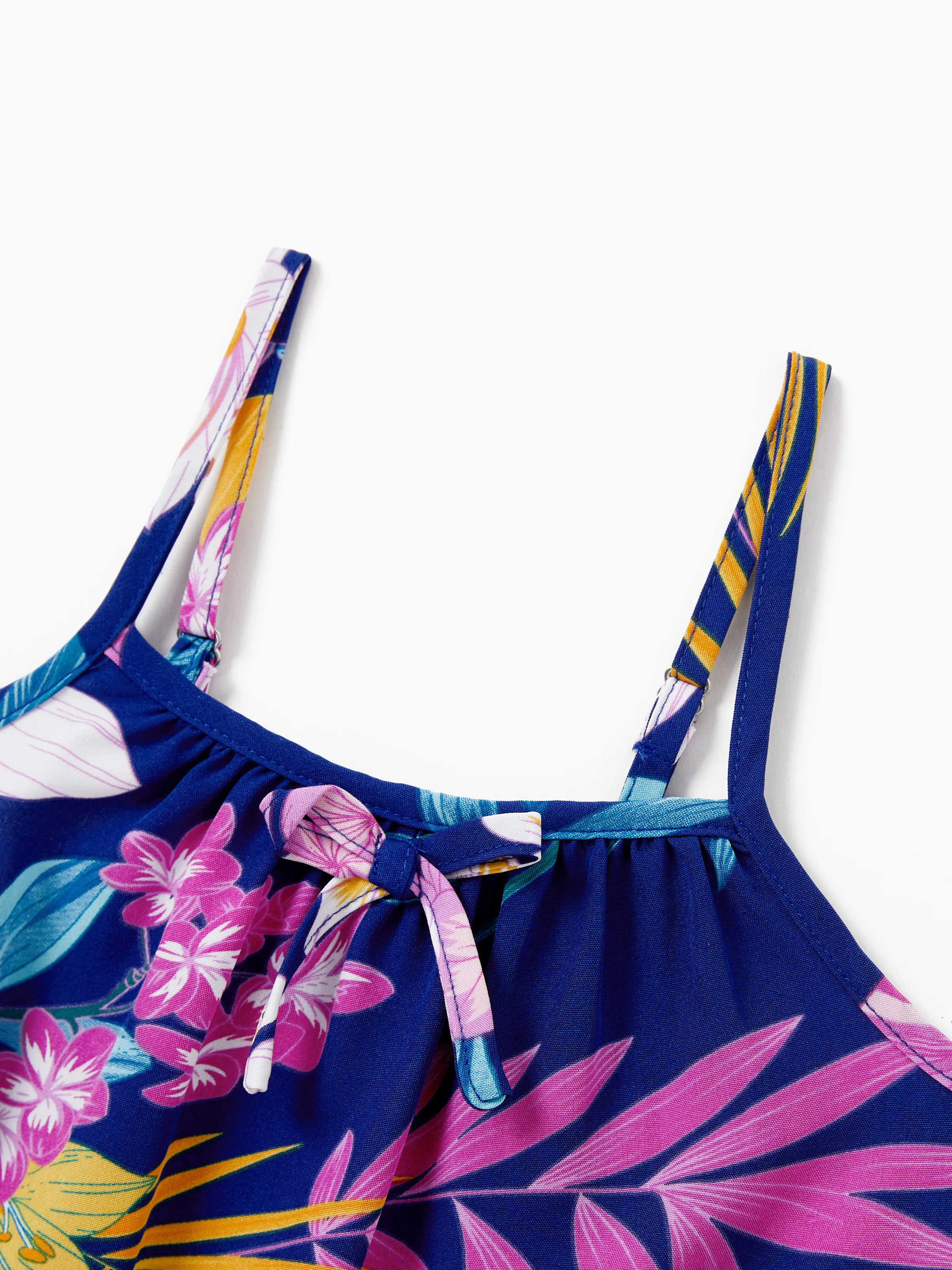 Matching Family Hawaiian Outfits Tropical Floral Print Strap Dress or Short-sleeve Shirts & Shorts Set Summer Beachwear Set for Vacation Deep Blue - Image 13
