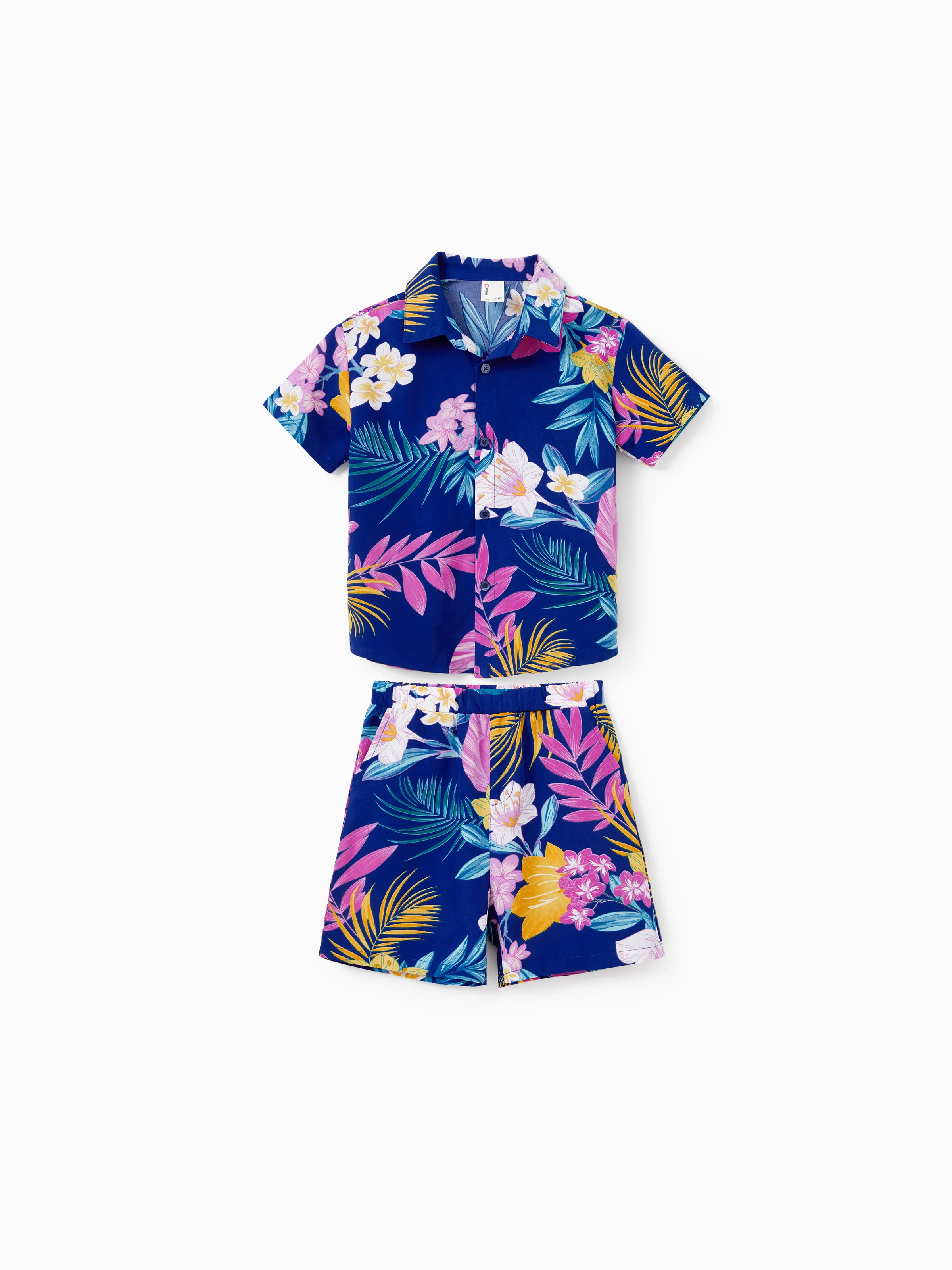 Matching Family Hawaiian Outfits Tropical Floral Print Strap Dress or Short-sleeve Shirts & Shorts Set Summer Beachwear Set for Vacation Deep Blue - Image 18
