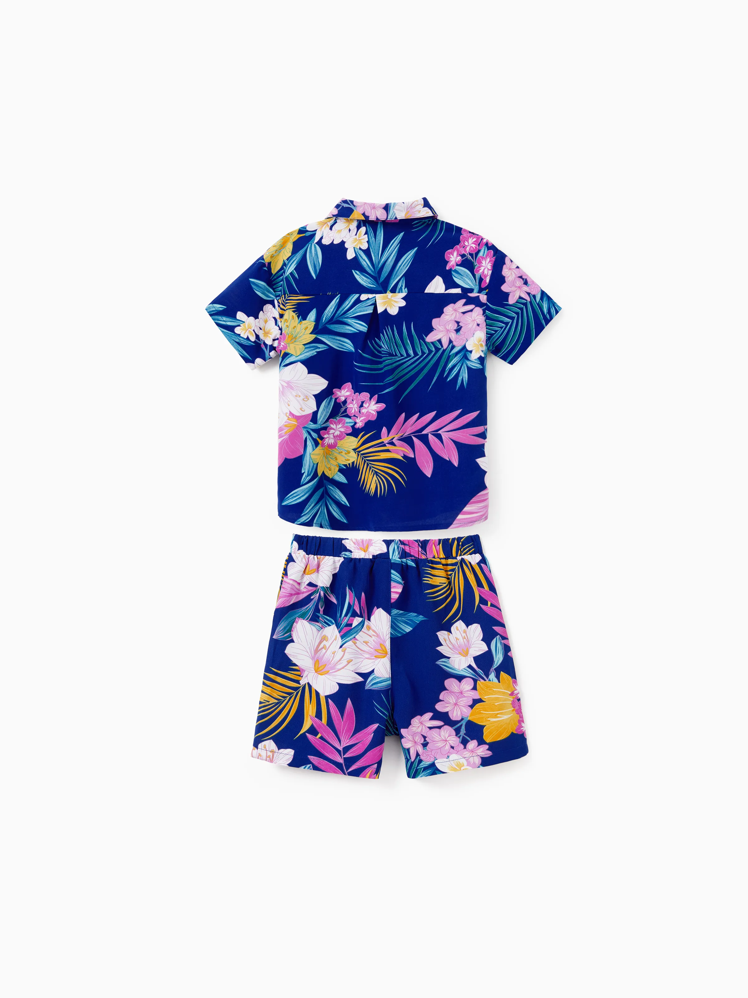 Matching Family Hawaiian Outfits Tropical Floral Print Strap Dress or Short-sleeve Shirts & Shorts Set Summer Beachwear Set for Vacation Deep Blue - Image 19