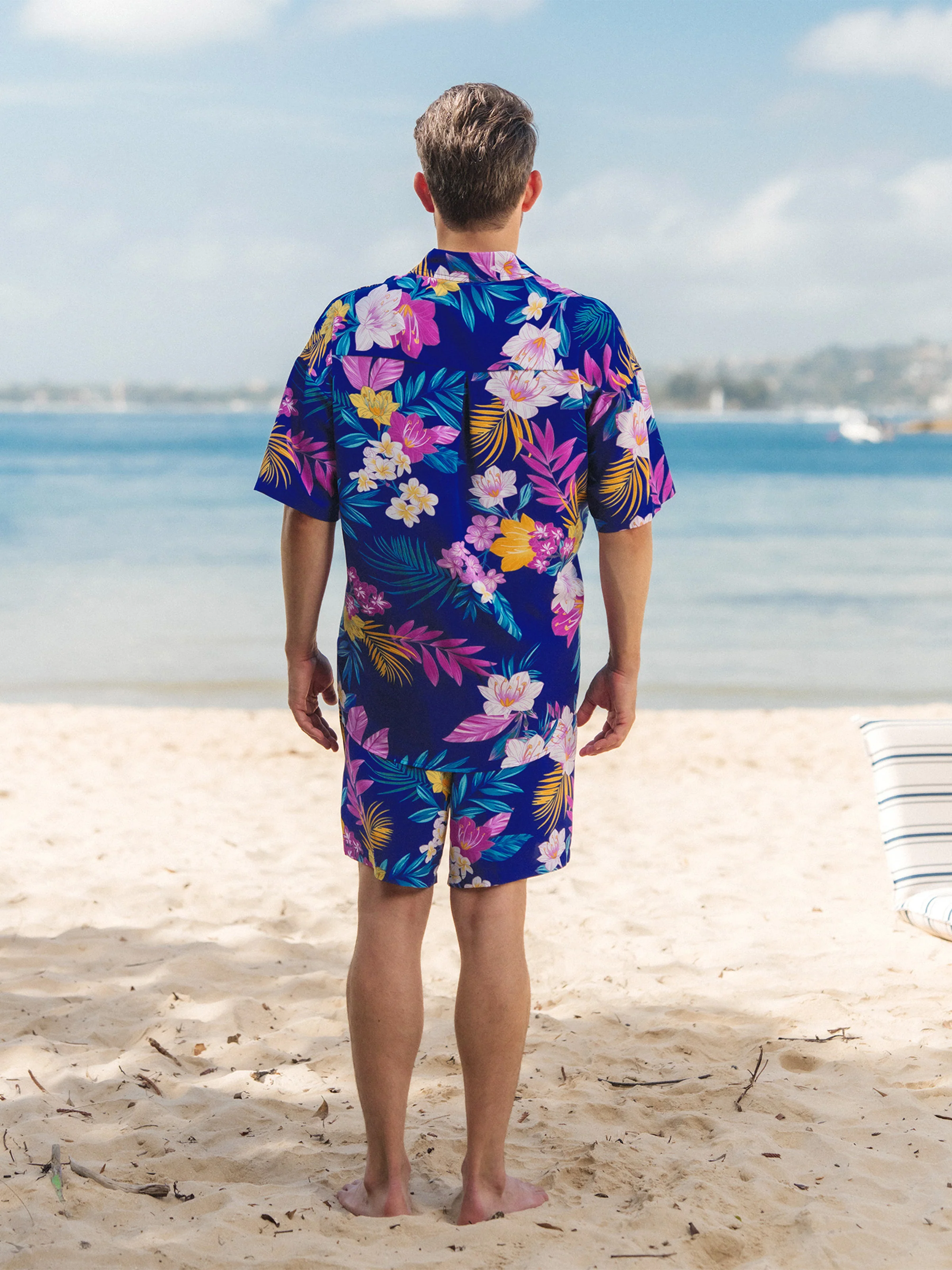 Matching Family Hawaiian Outfits Tropical Floral Print Strap Dress or Short-sleeve Shirts & Shorts Set Summer Beachwear Set for Vacation Deep Blue - Image 24