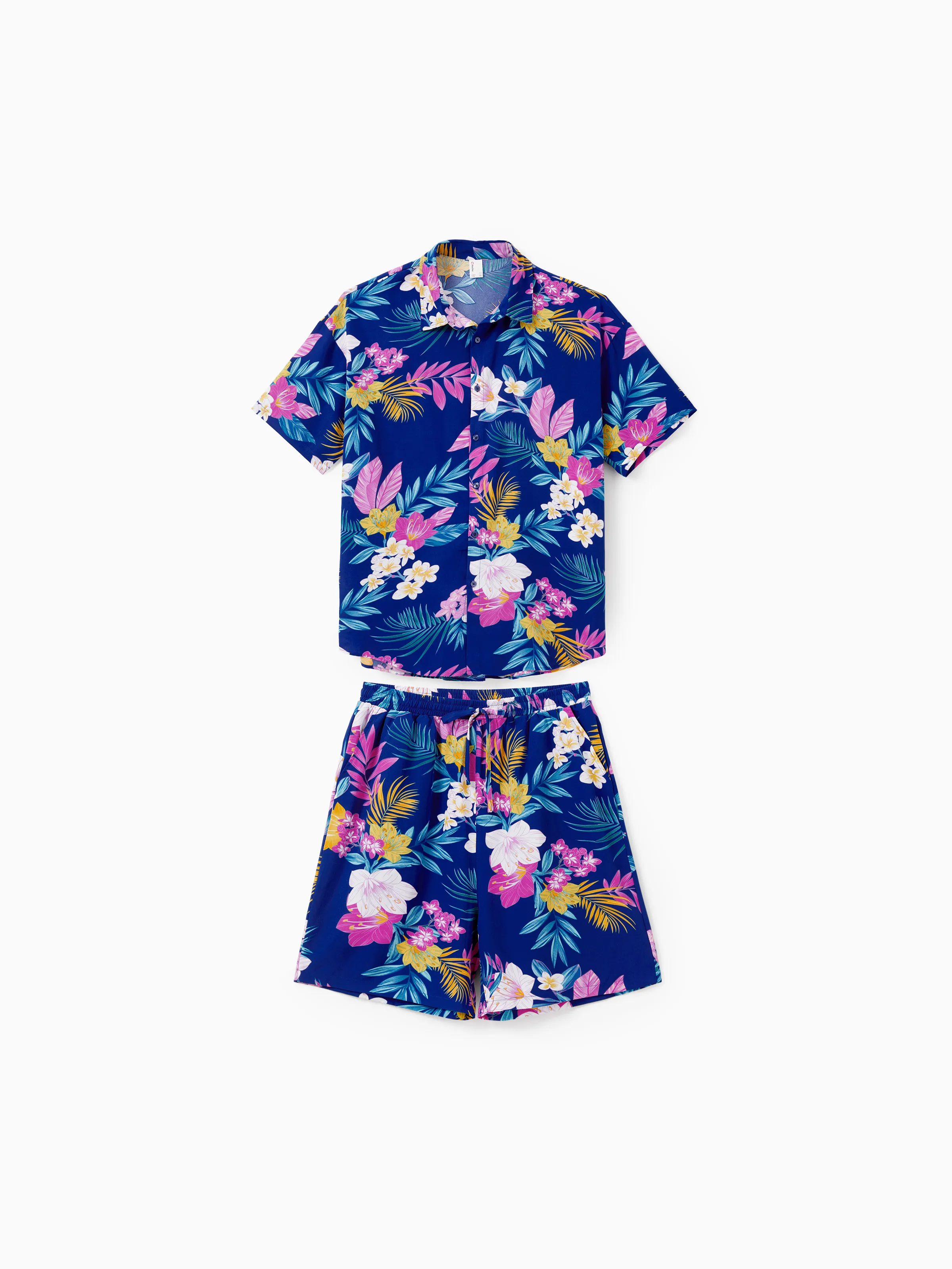 Matching Family Hawaiian Outfits Tropical Floral Print Strap Dress or Short-sleeve Shirts & Shorts Set Summer Beachwear Set for Vacation Deep Blue - Image 25