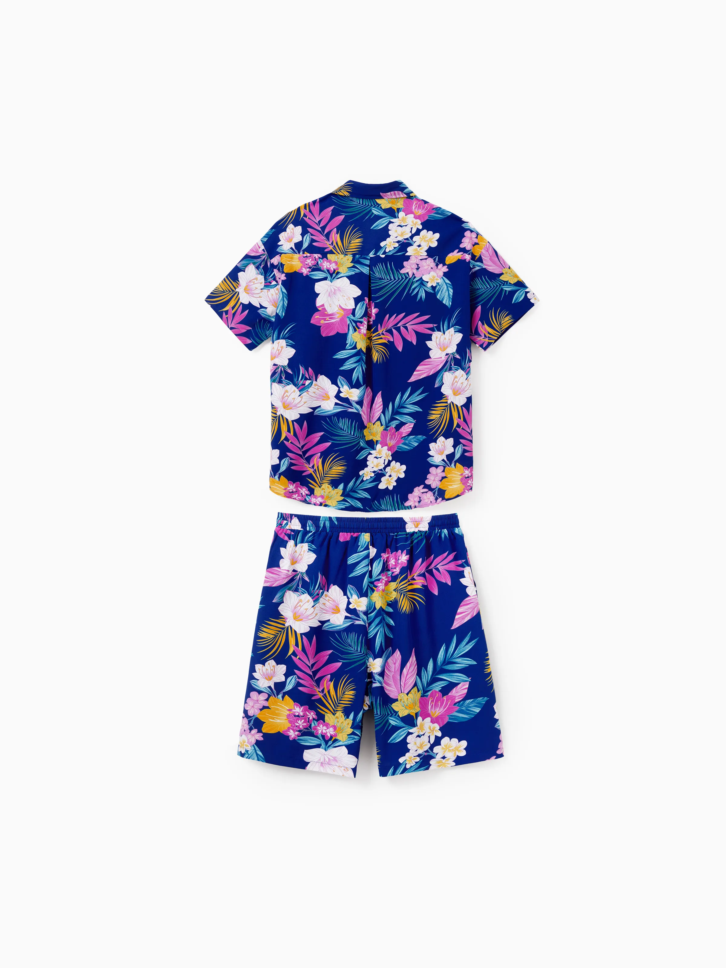 Matching Family Hawaiian Outfits Tropical Floral Print Strap Dress or Short-sleeve Shirts & Shorts Set Summer Beachwear Set for Vacation Deep Blue - Image 26