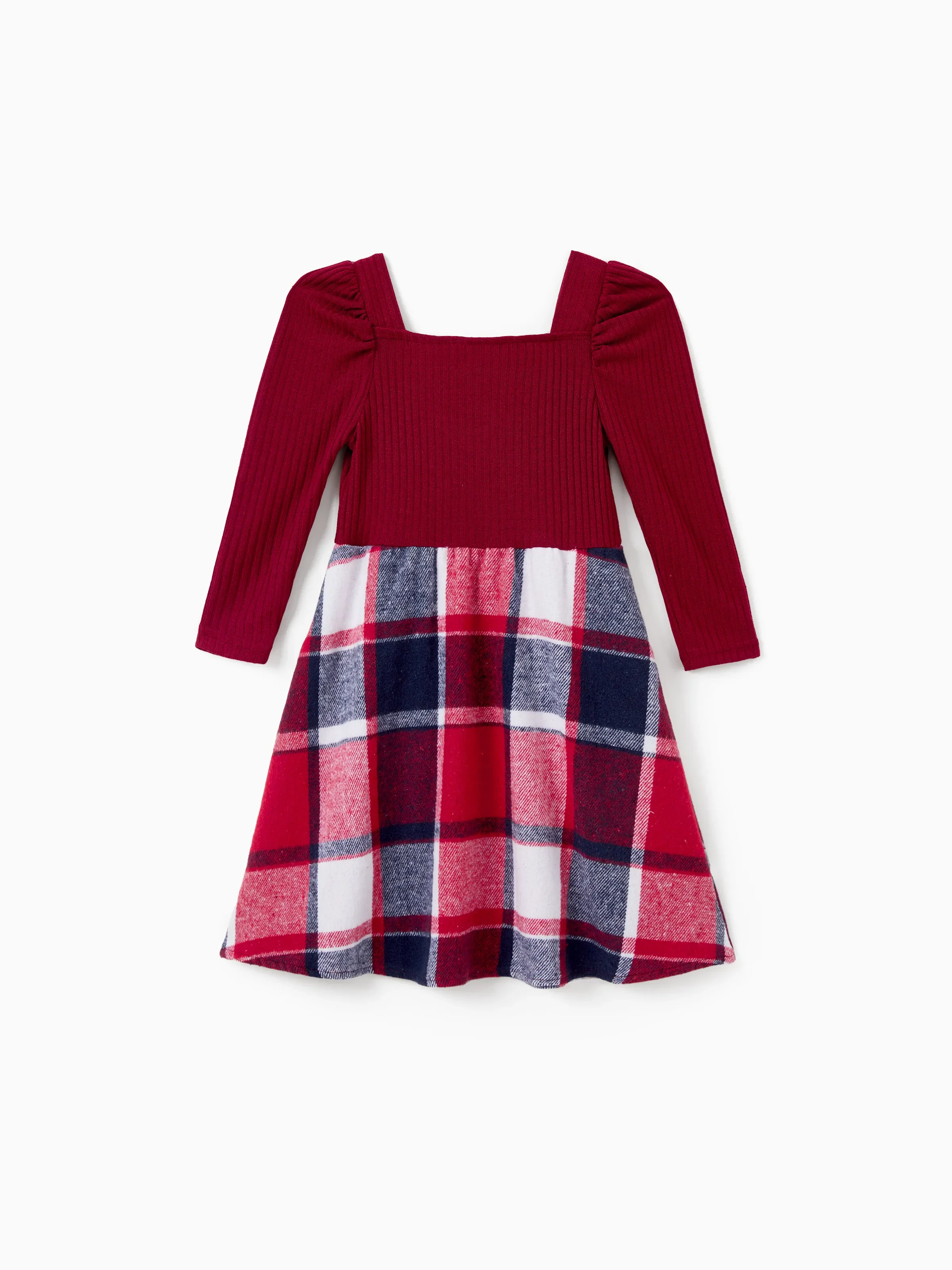 Matching Family Outfit Set Long-sleeve Shirt and Off Shoulder Long-sleeve Plaid Splicing Knitted Dress Burgundy - Image 10
