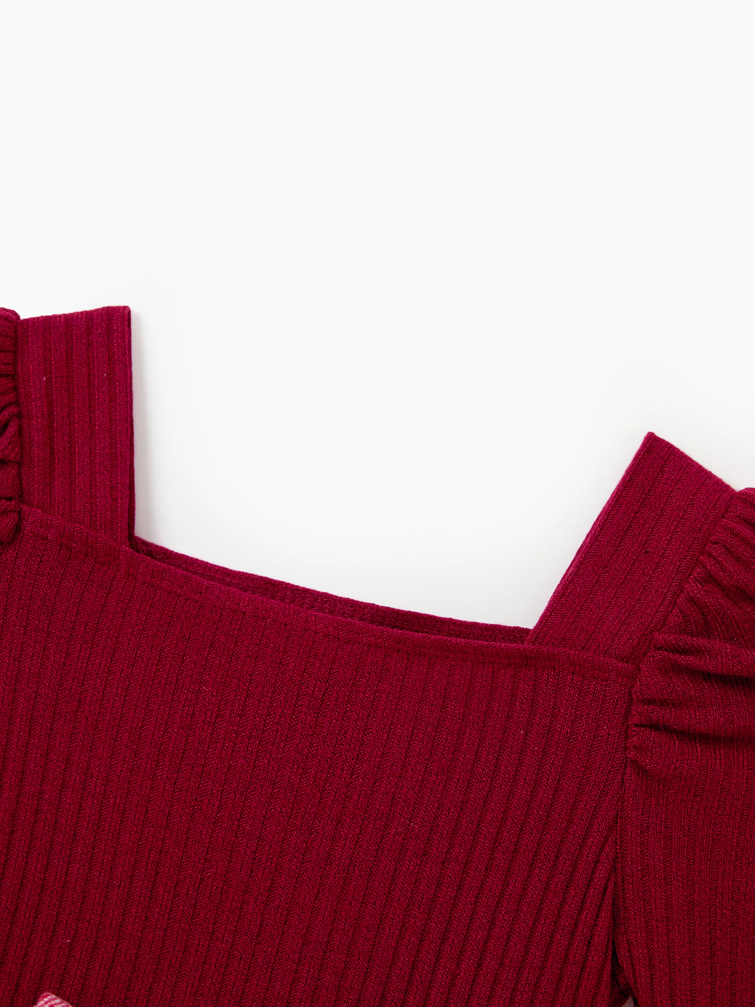 Matching Family Outfit Set Long-sleeve Shirt and Off Shoulder Long-sleeve Plaid Splicing Knitted Dress Burgundy - Image 11