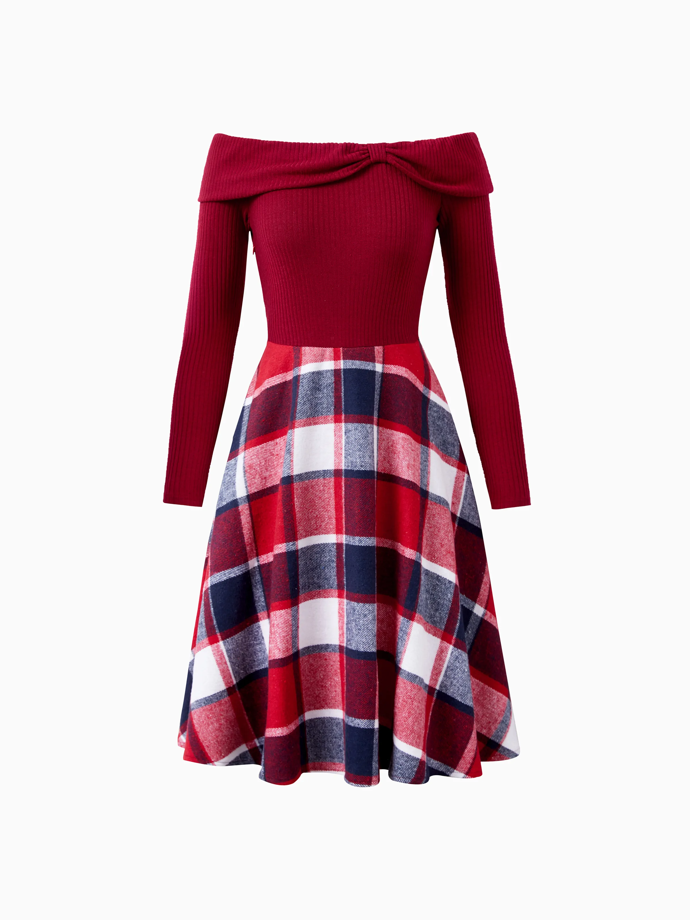 Matching Family Outfit Set Long-sleeve Shirt and Off Shoulder Long-sleeve Plaid Splicing Knitted Dress Burgundy - Image 3